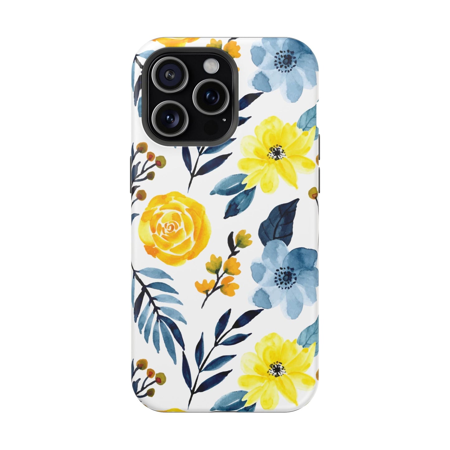 Golden Yellow & Sky Blue Floral – Watercolor Botanical MagSafe iPhone Case - BOGO Cases