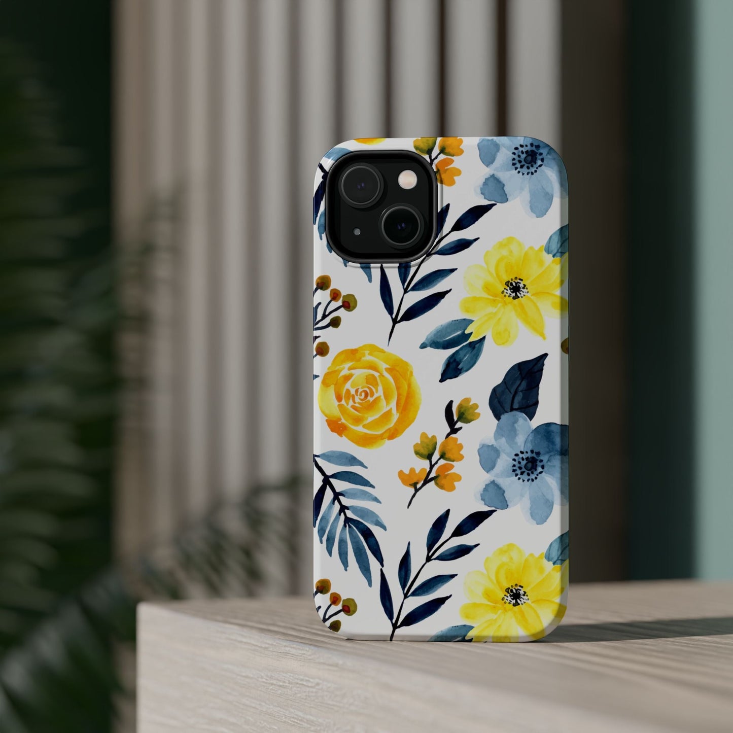Golden Yellow & Sky Blue Floral – Watercolor Botanical MagSafe iPhone Case - BOGO Cases