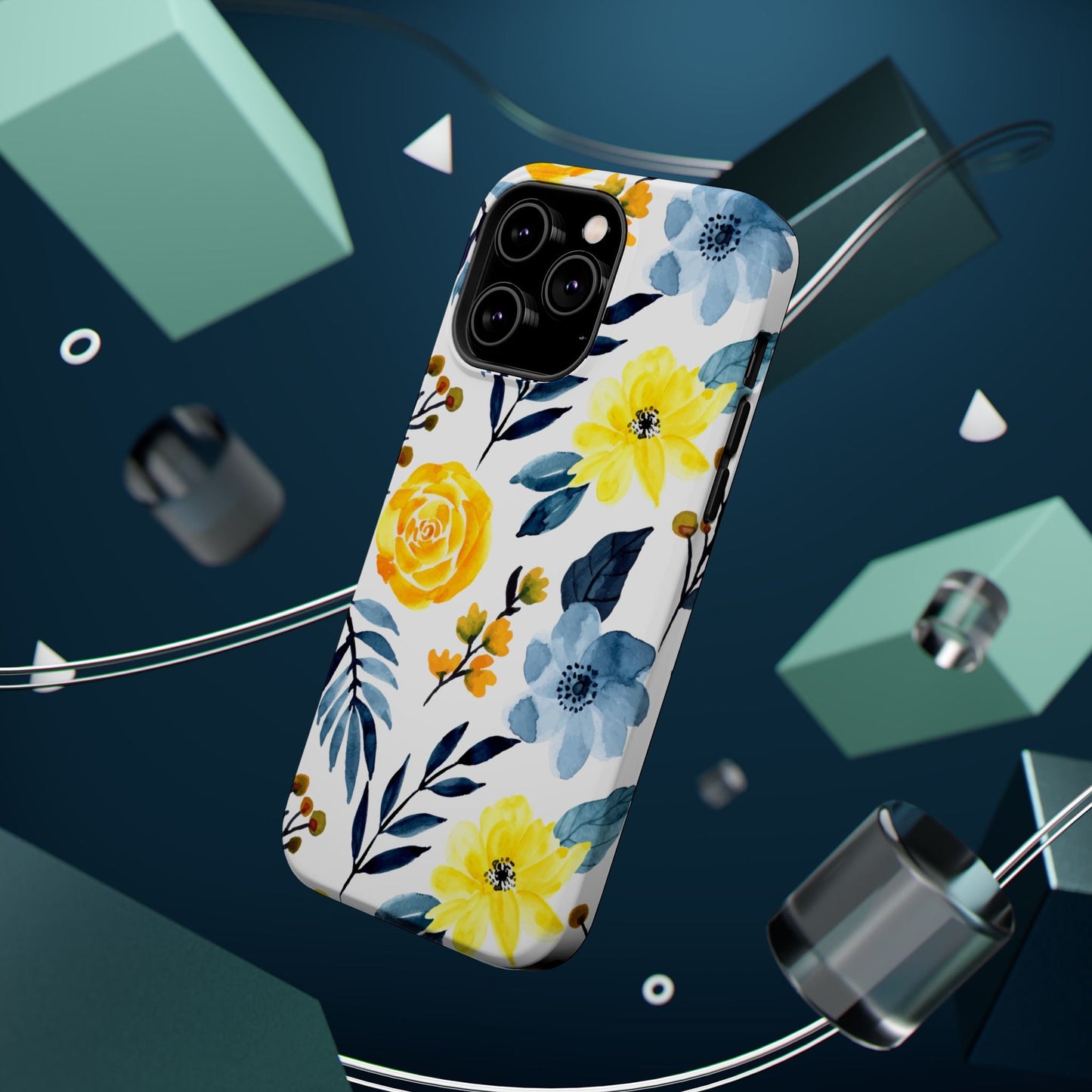 Golden Yellow & Sky Blue Floral – Watercolor Botanical MagSafe iPhone Case - BOGO Cases