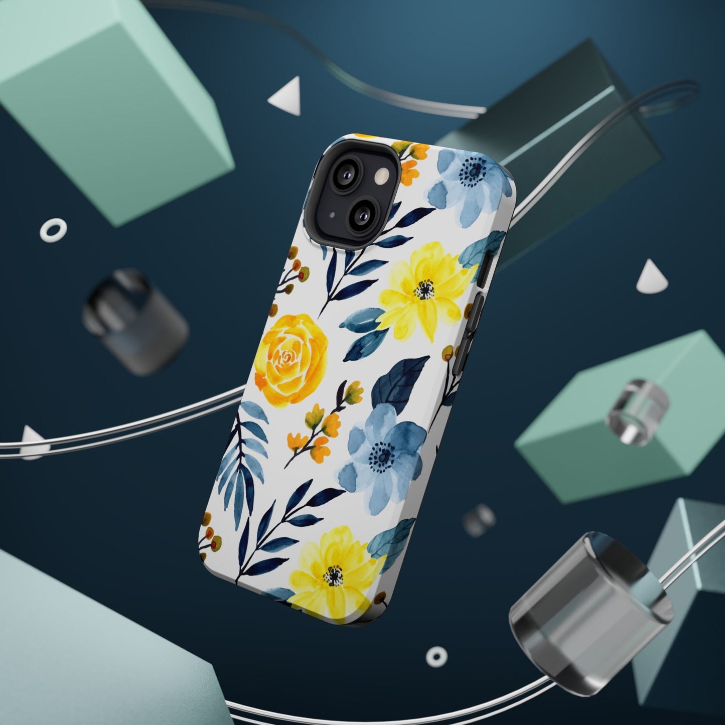 Golden Yellow & Sky Blue Floral – Watercolor Botanical MagSafe iPhone Case - BOGO Cases
