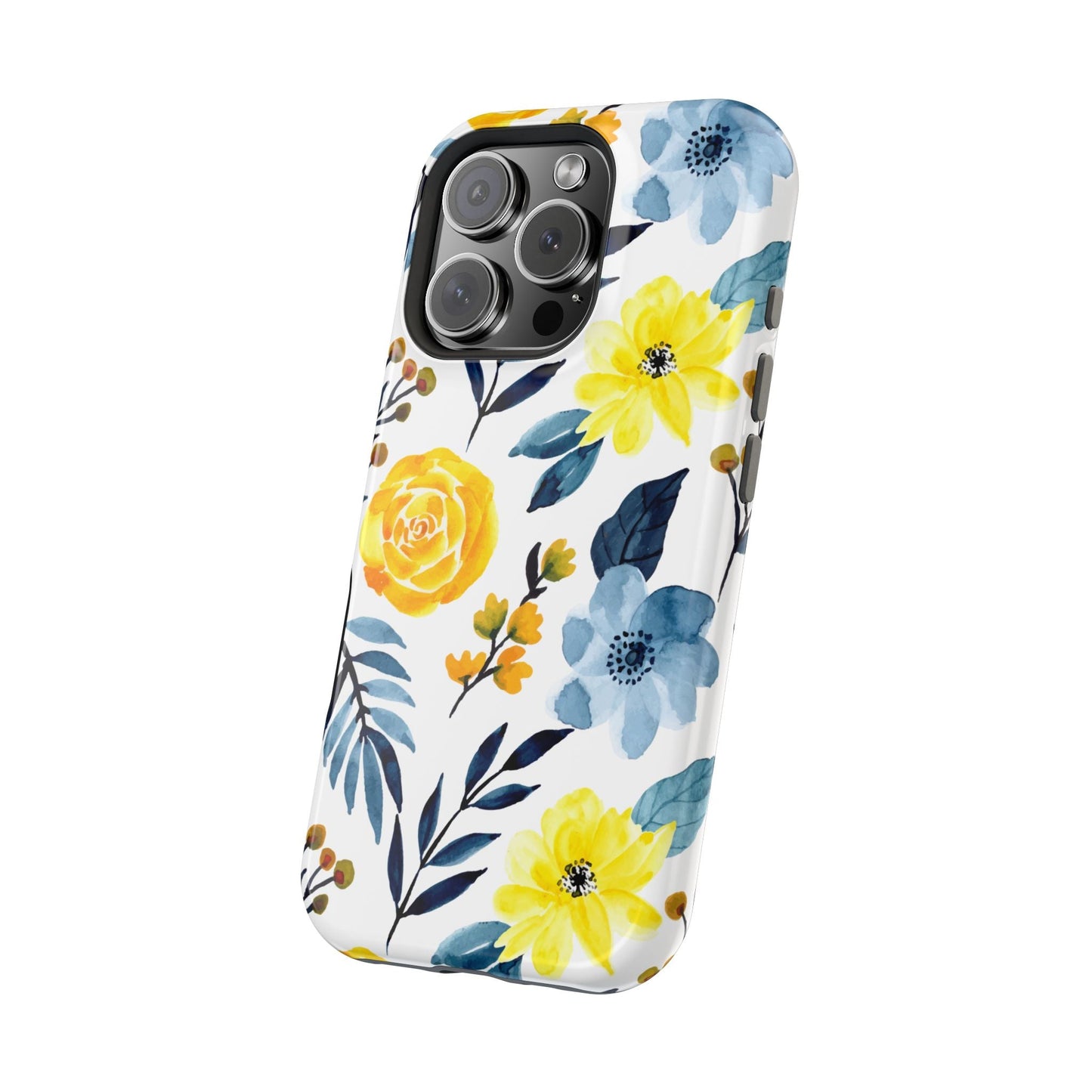 Golden Yellow & Sky Blue Floral – Watercolor Botanical MagSafe iPhone Case - BOGO Cases
