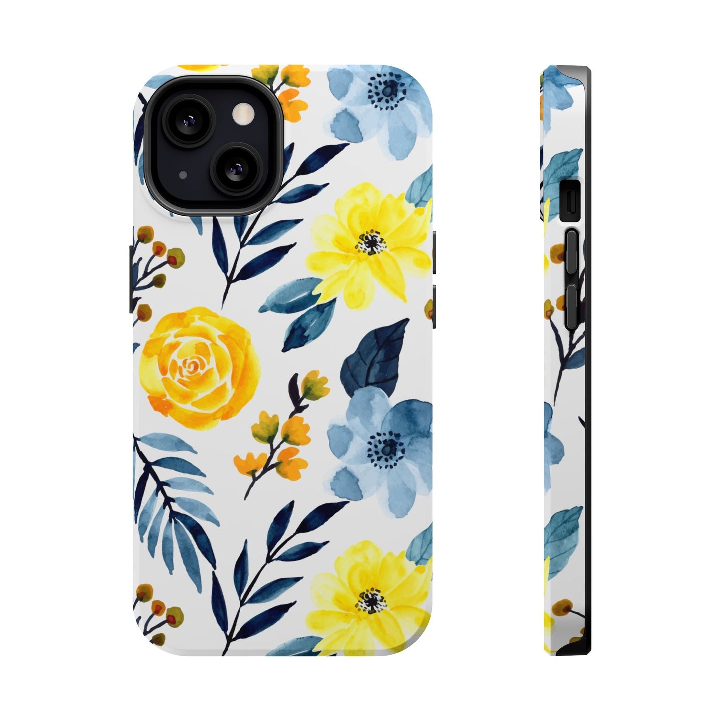 Golden Yellow & Sky Blue Floral – Watercolor Botanical MagSafe iPhone Case - BOGO Cases