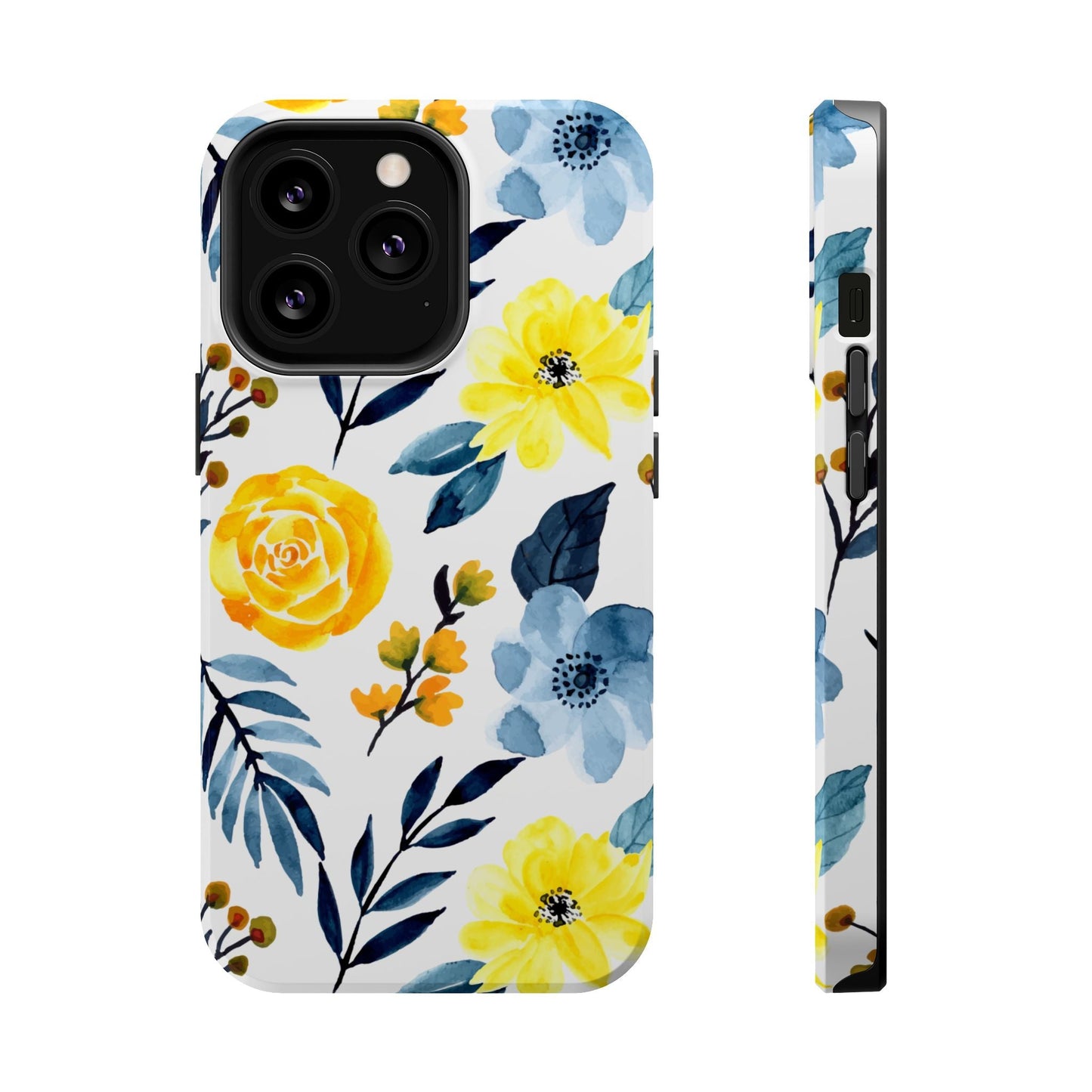 Golden Yellow & Sky Blue Floral – Watercolor Botanical MagSafe iPhone Case - BOGO Cases