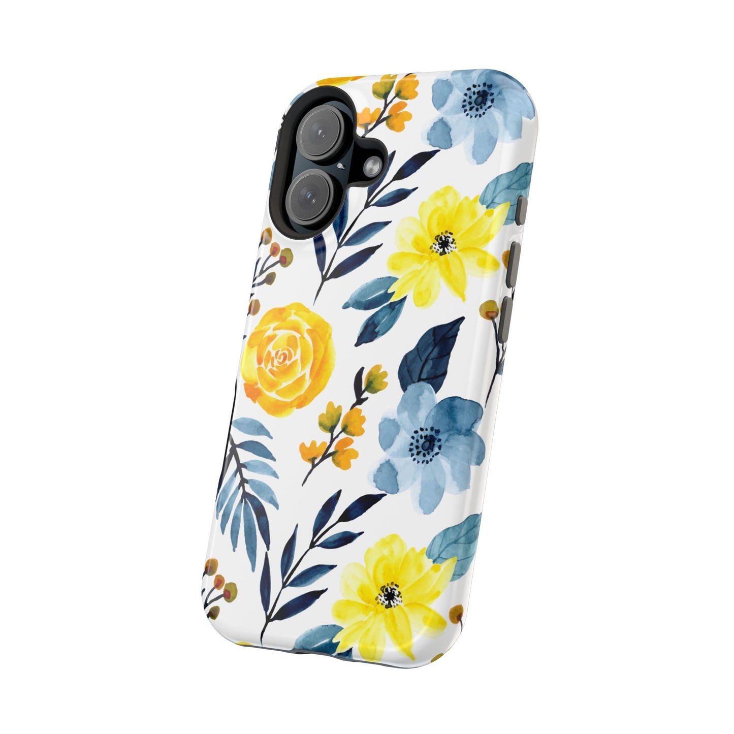 Golden Yellow & Sky Blue Floral – Watercolor Botanical MagSafe iPhone Case - BOGO Cases