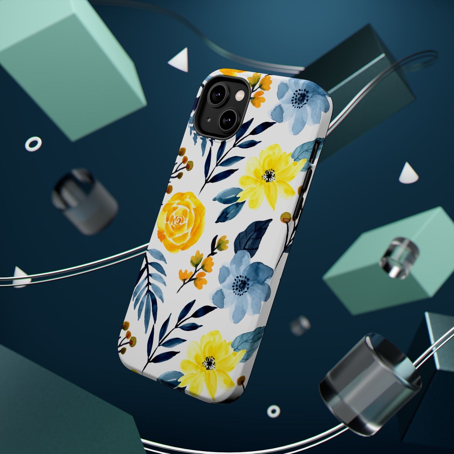 Golden Yellow & Sky Blue Floral – Watercolor Botanical MagSafe iPhone Case - BOGO Cases