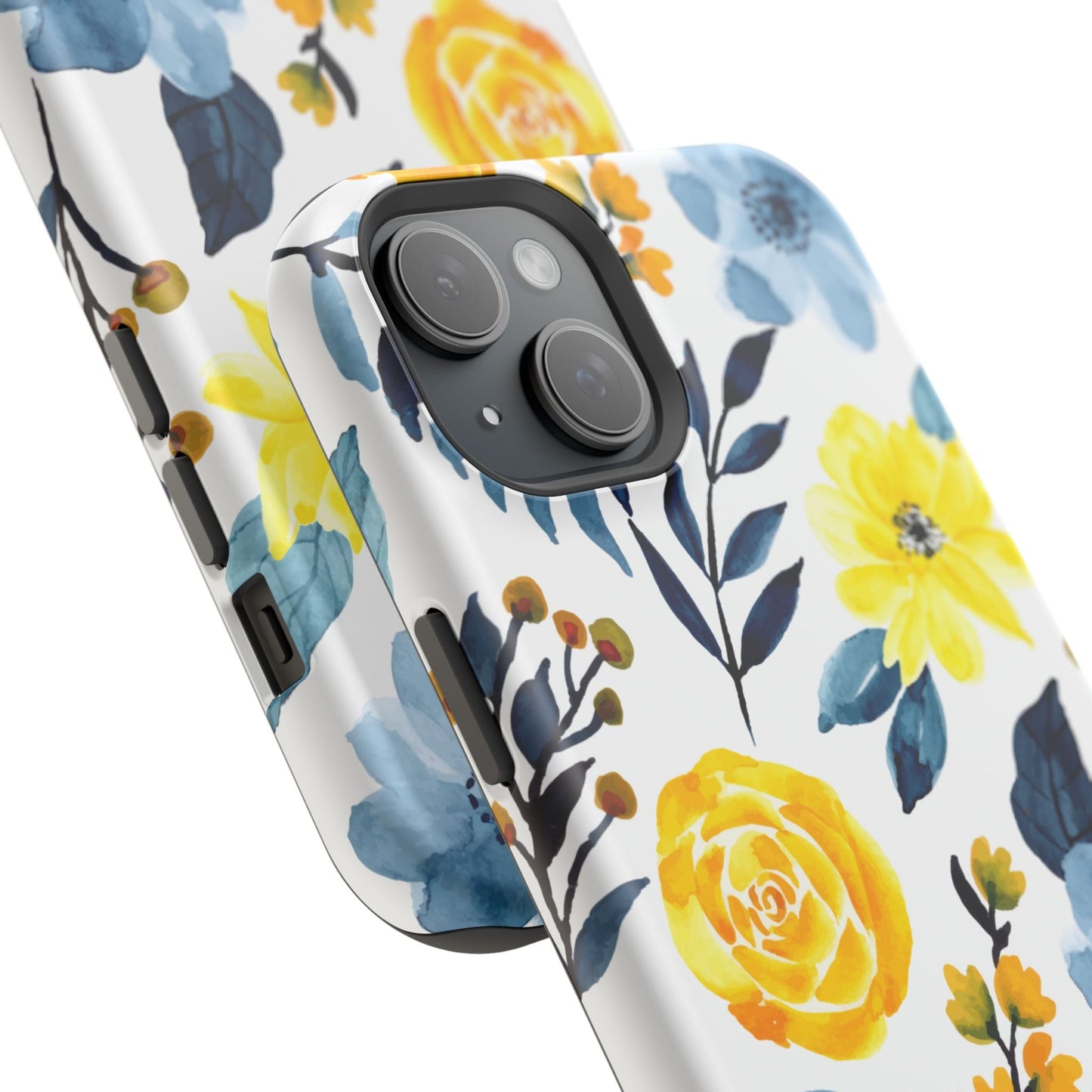 Golden Yellow & Sky Blue Floral – Watercolor Botanical MagSafe iPhone Case - BOGO Cases