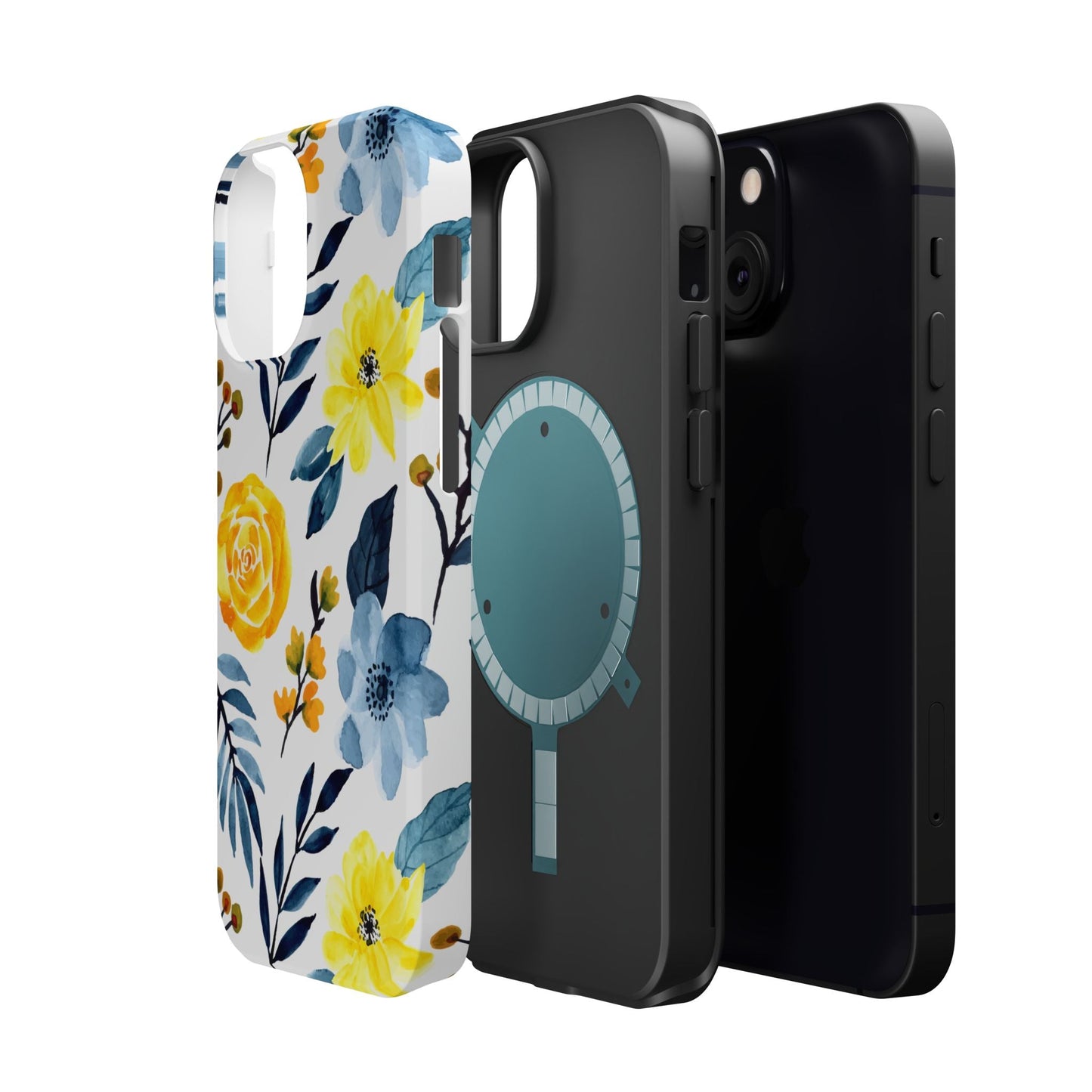 Golden Yellow & Sky Blue Floral – Watercolor Botanical MagSafe iPhone Case - BOGO Cases