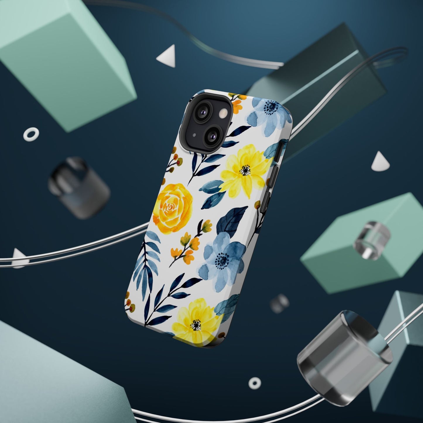 Golden Yellow & Sky Blue Floral – Watercolor Botanical MagSafe iPhone Case - BOGO Cases