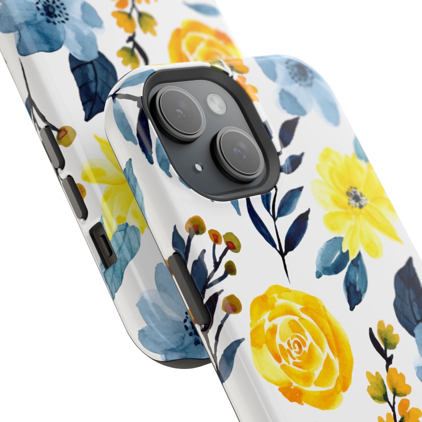 Golden Yellow & Sky Blue Floral – Watercolor Botanical MagSafe iPhone Case - BOGO Cases
