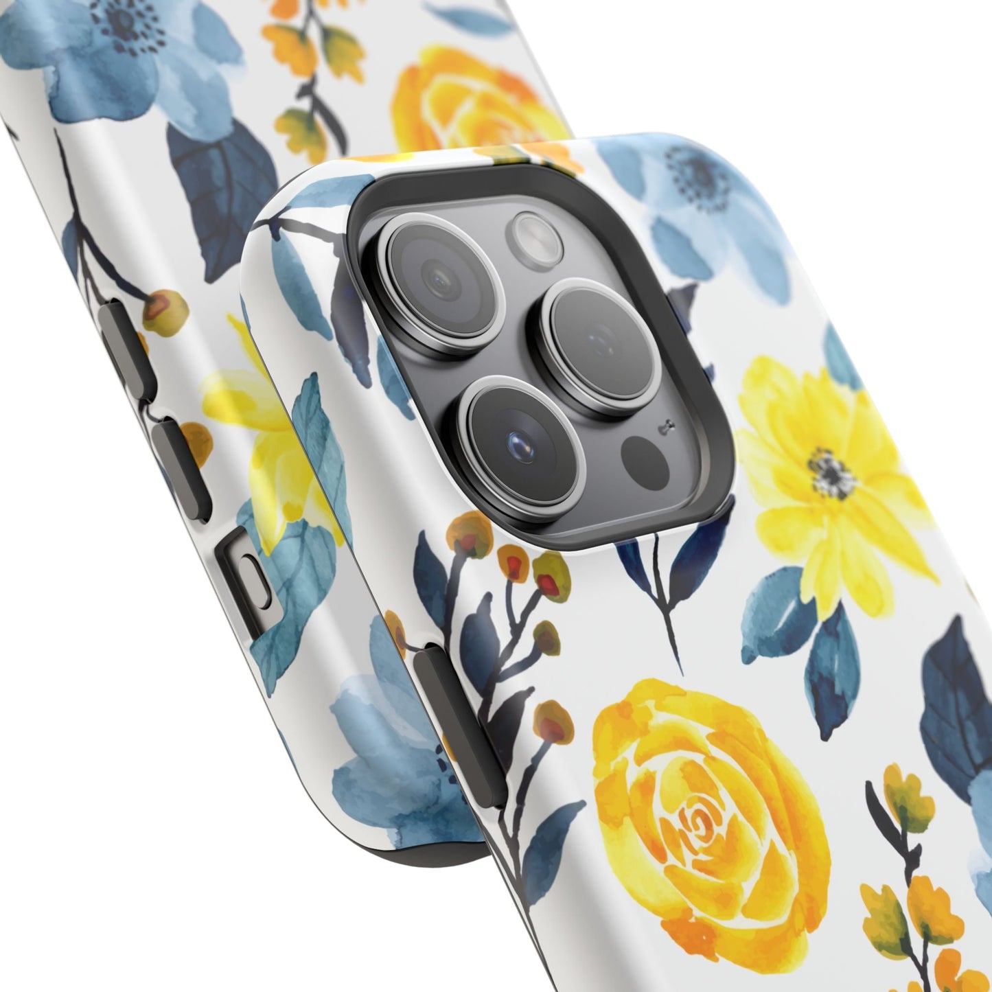 Golden Yellow & Sky Blue Floral – Watercolor Botanical MagSafe iPhone Case - BOGO Cases