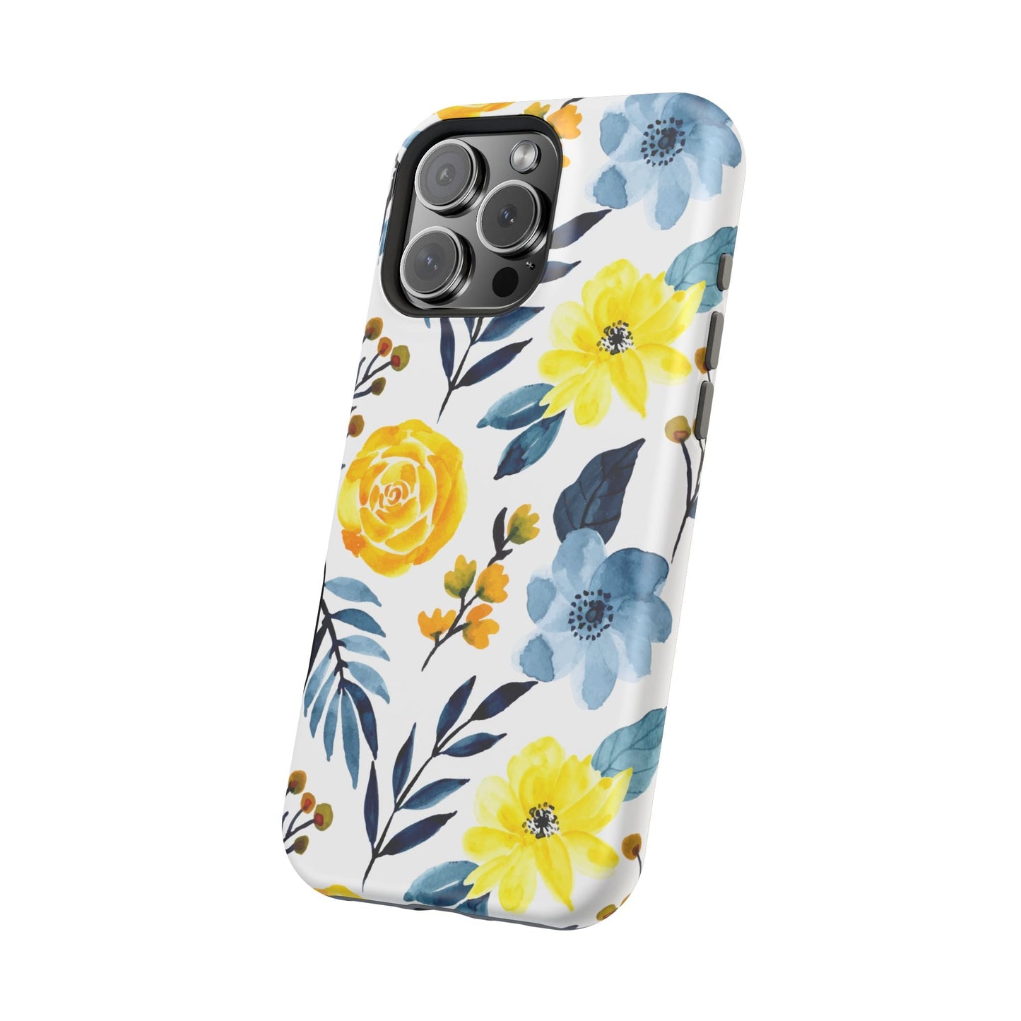 Golden Yellow & Sky Blue Floral – Watercolor Botanical MagSafe iPhone Case - BOGO Cases