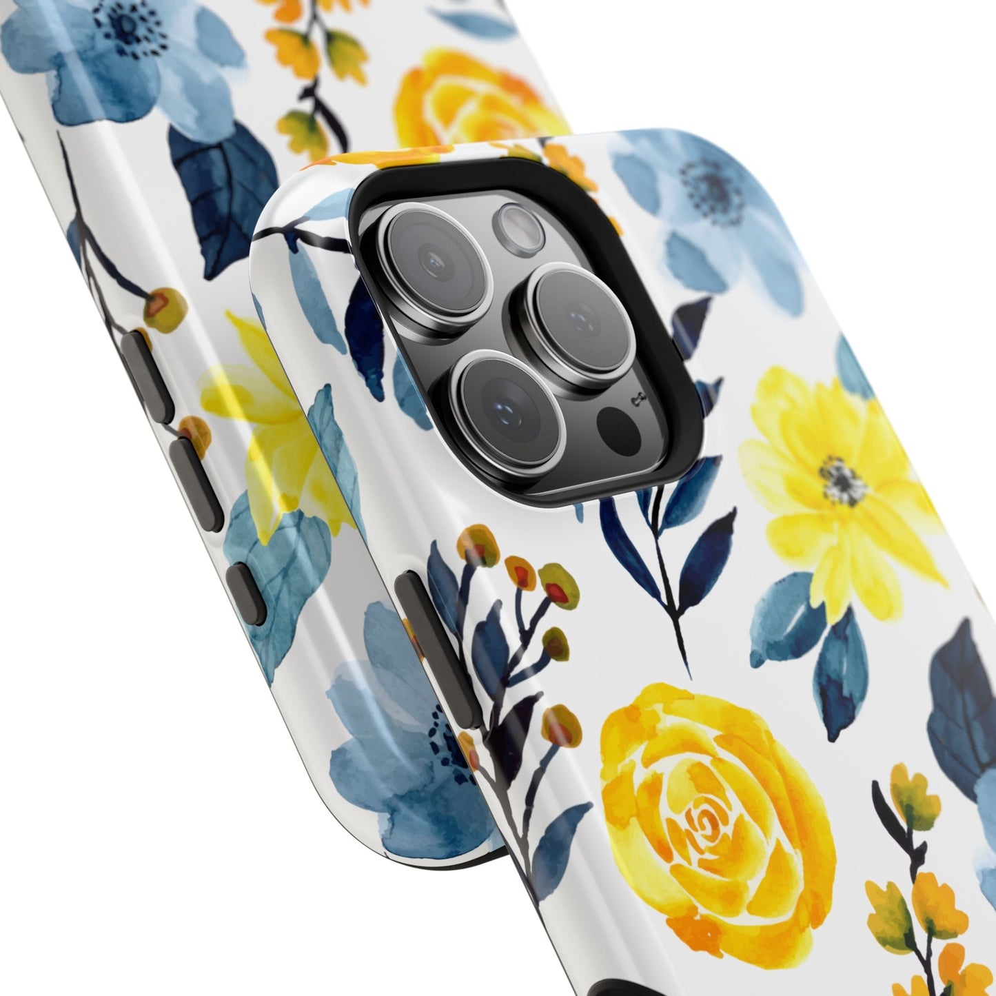 Golden Yellow & Sky Blue Floral – Watercolor Botanical MagSafe iPhone Case - BOGO Cases