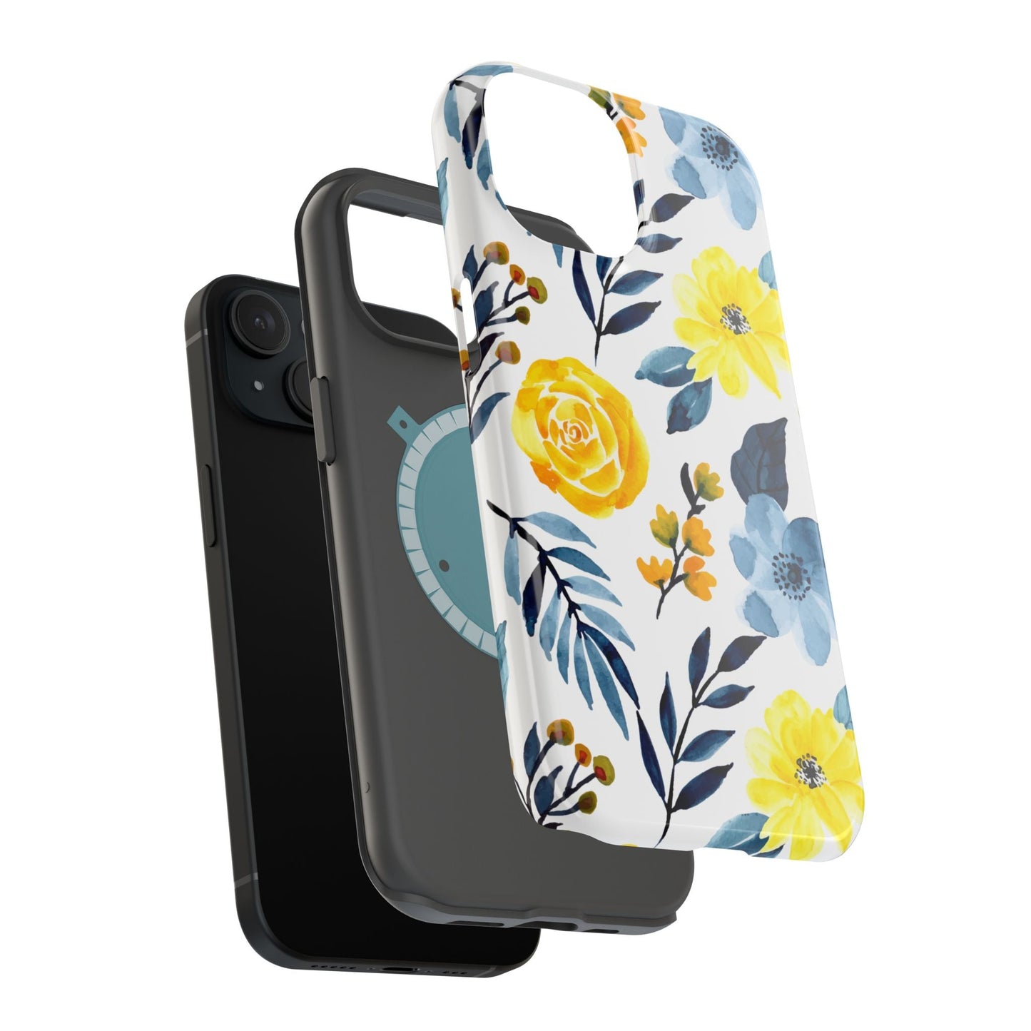 Golden Yellow & Sky Blue Floral – Watercolor Botanical MagSafe iPhone Case - BOGO Cases