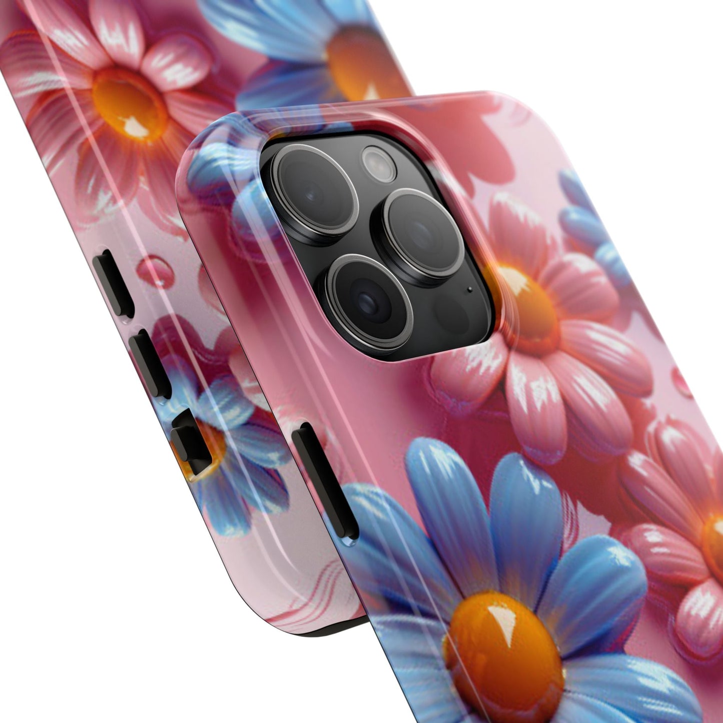 Pastel Daisy 3D iPhone Case – Glossy Pink and Blue Floral Design, Full Protection - BOGO Cases