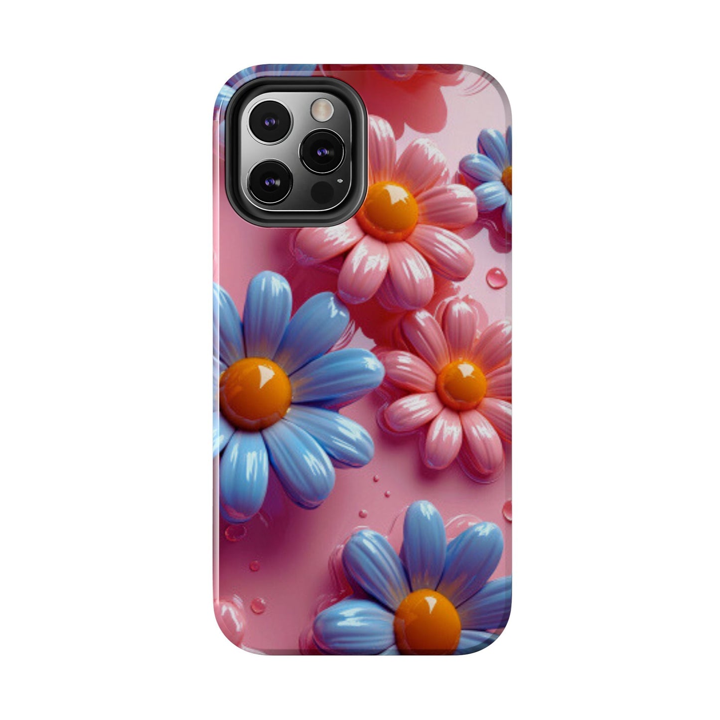 Pastel Daisy 3D iPhone Case – Glossy Pink and Blue Floral Design, Full Protection - BOGO Cases