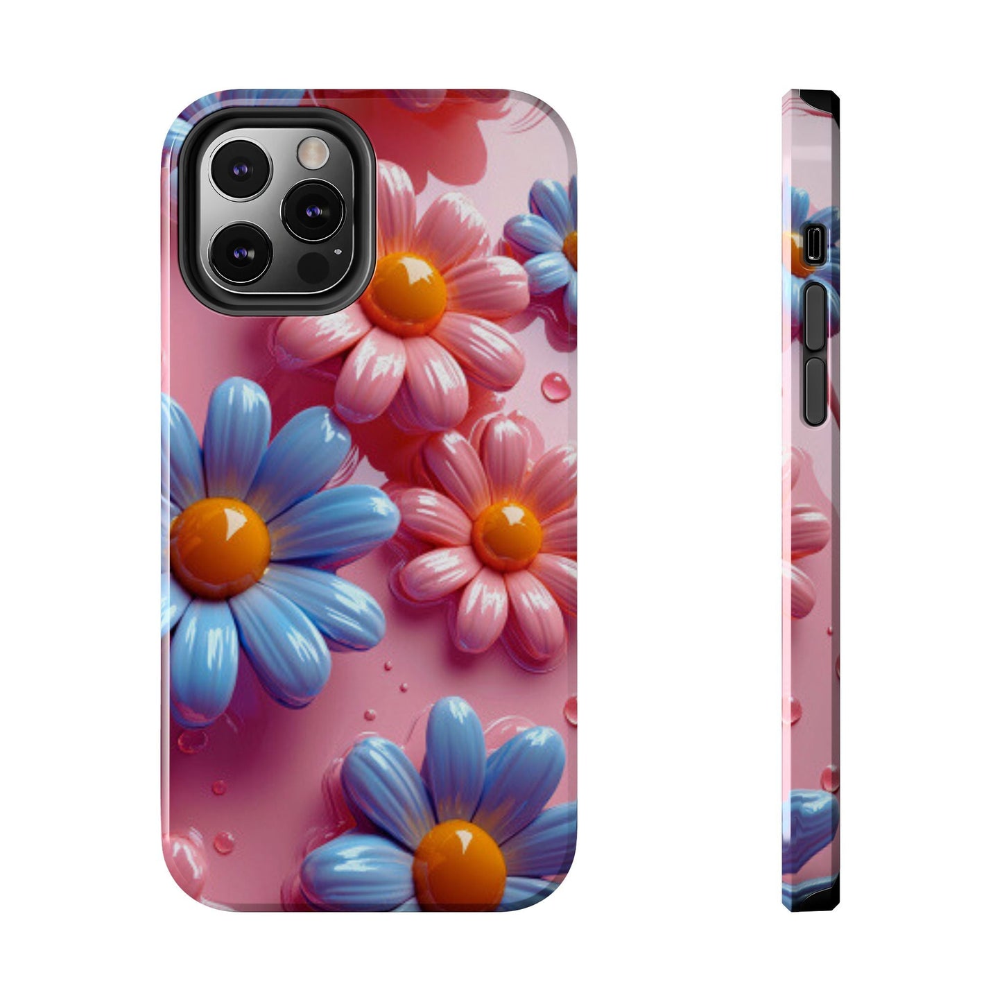 Pastel Daisy 3D iPhone Case – Glossy Pink and Blue Floral Design, Full Protection - BOGO Cases