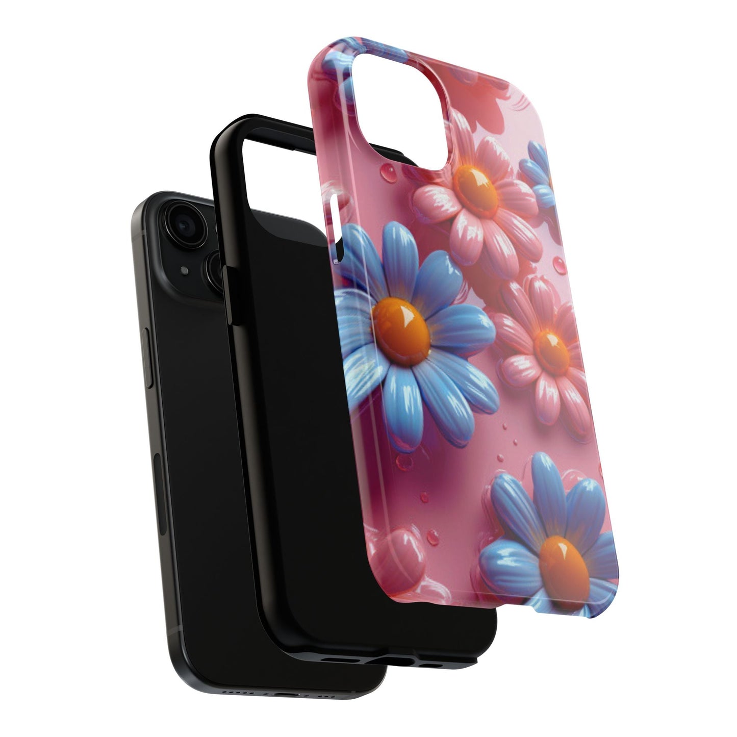 Pastel Daisy 3D iPhone Case – Glossy Pink and Blue Floral Design, Full Protection - BOGO Cases