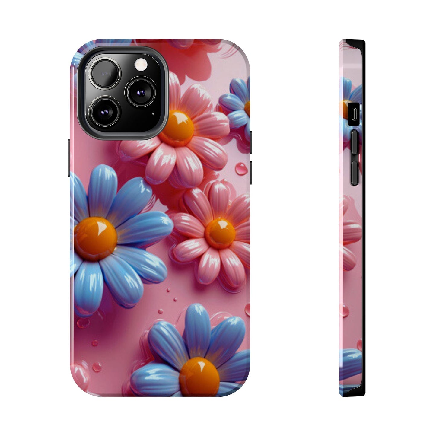 Pastel Daisy 3D iPhone Case – Glossy Pink and Blue Floral Design, Full Protection - BOGO Cases