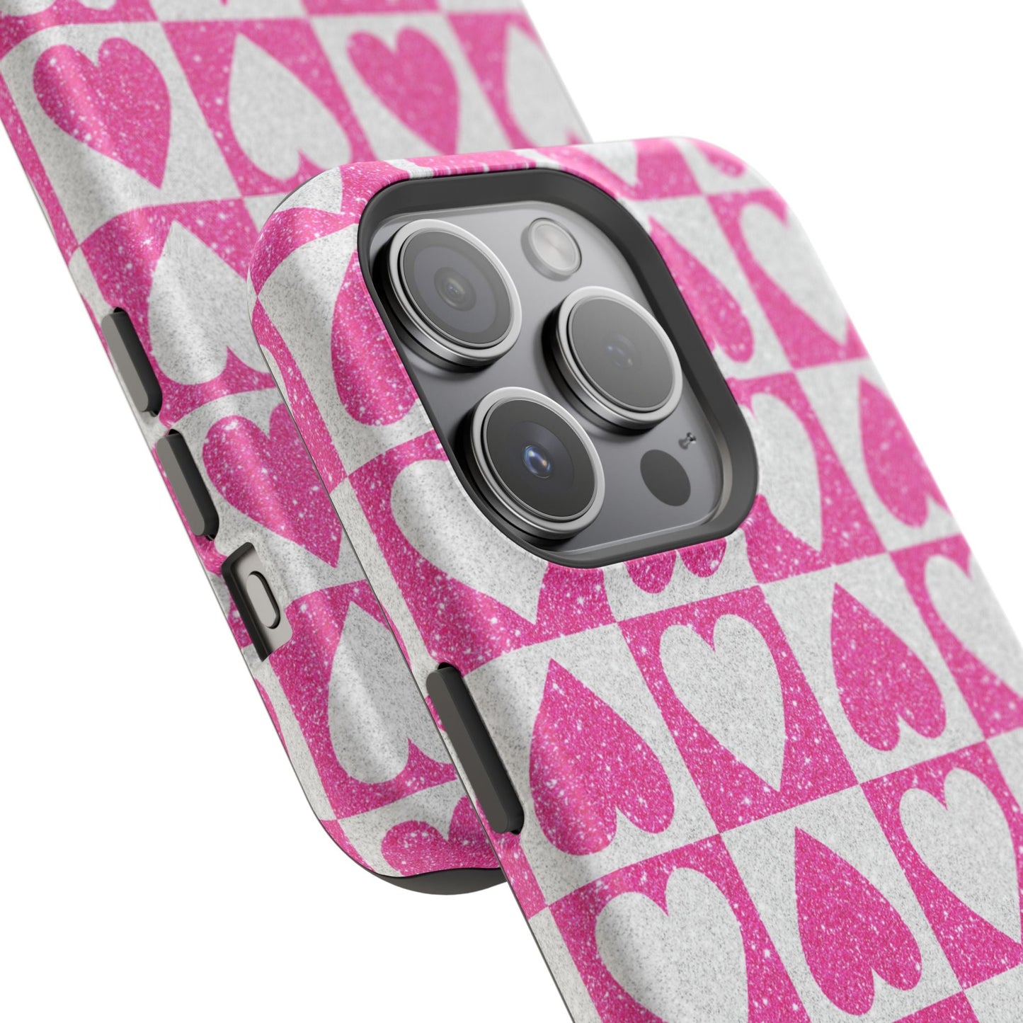 Pink Glitter Heart Checkered Pattern MagSafe Case - BOGO Cases