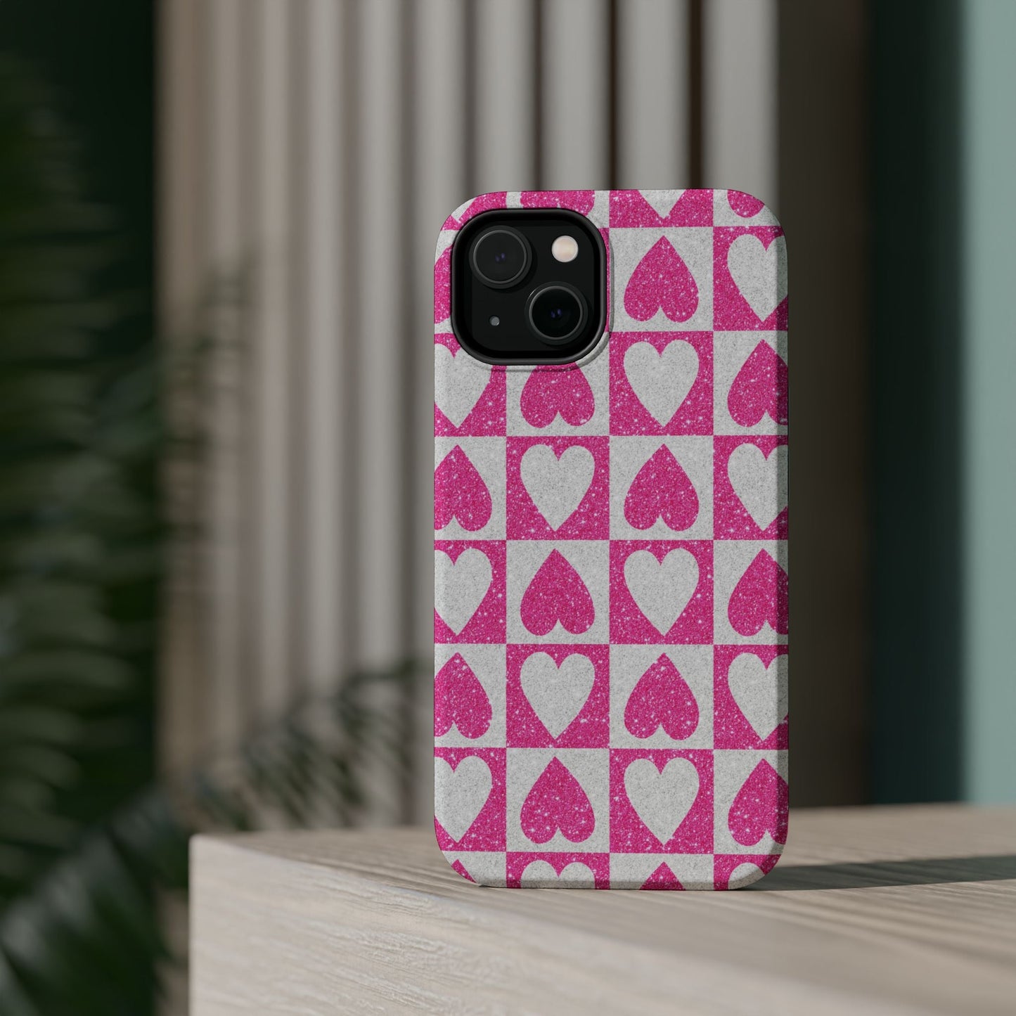 Pink Glitter Heart Checkered Pattern MagSafe Case - BOGO Cases