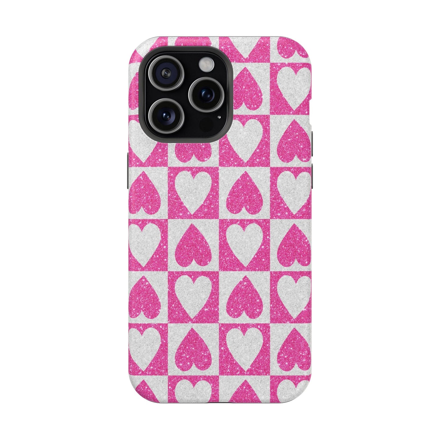 Pink Glitter Heart Checkered Pattern MagSafe Case - BOGO Cases