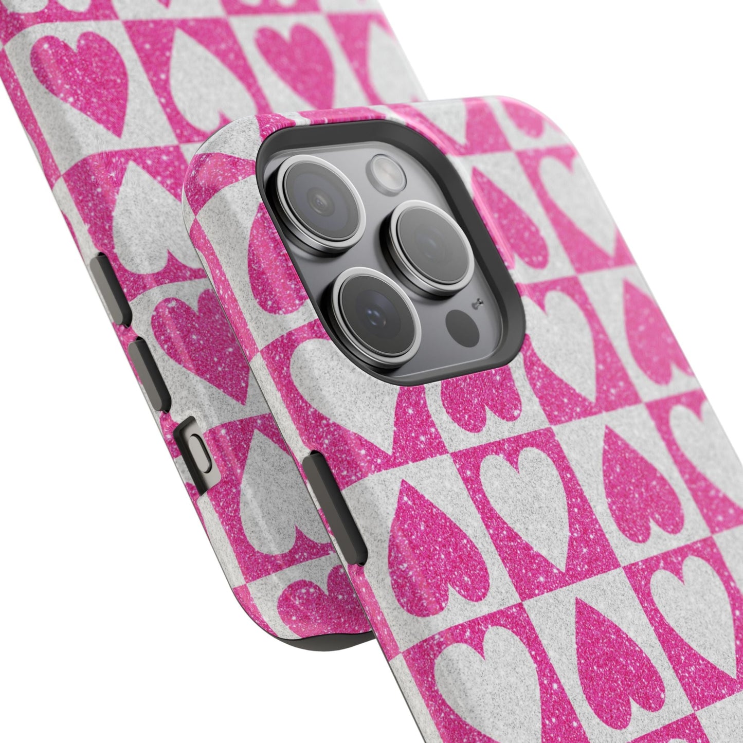 Pink Glitter Heart Checkered Pattern MagSafe Case - BOGO Cases