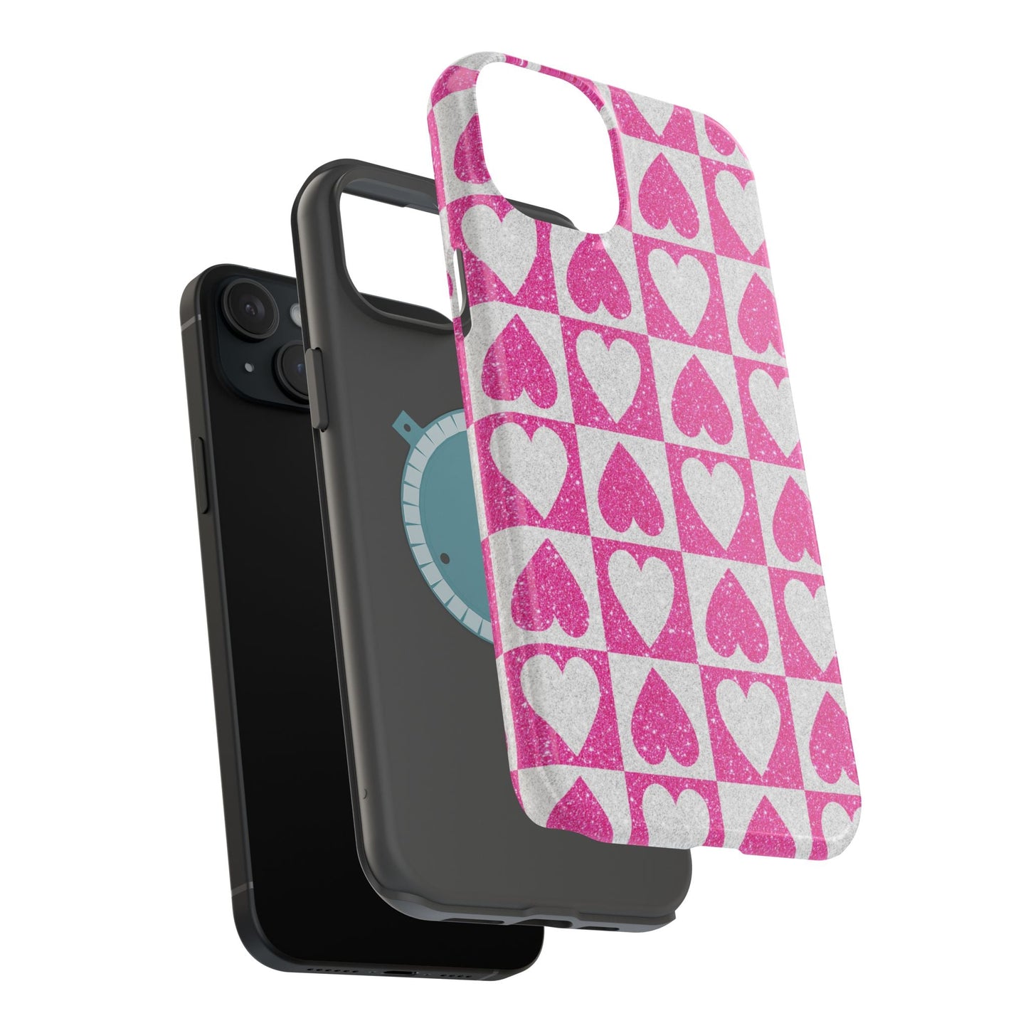 Pink Glitter Heart Checkered Pattern MagSafe Case - BOGO Cases