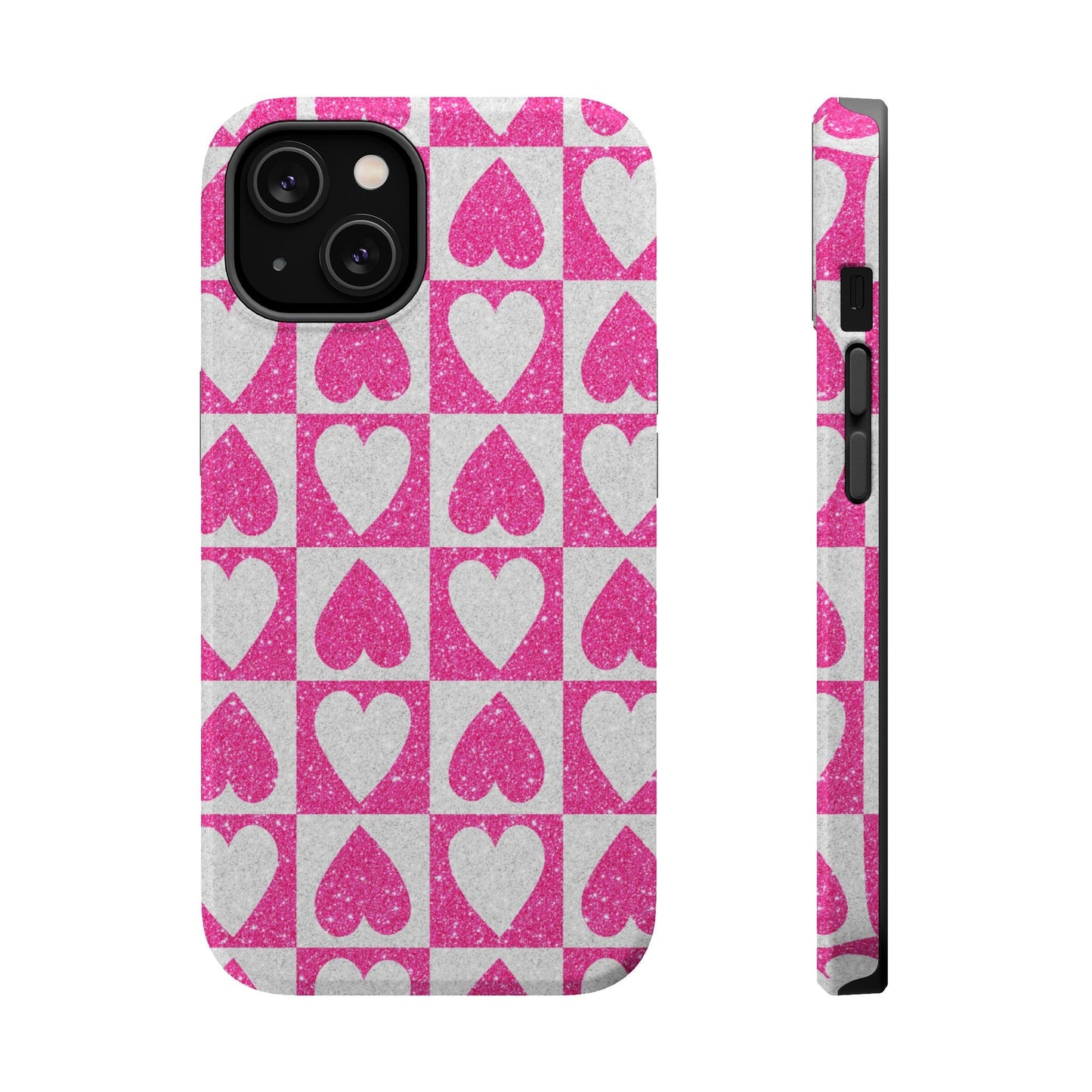 Pink Glitter Heart Checkered Pattern MagSafe Case - BOGO Cases