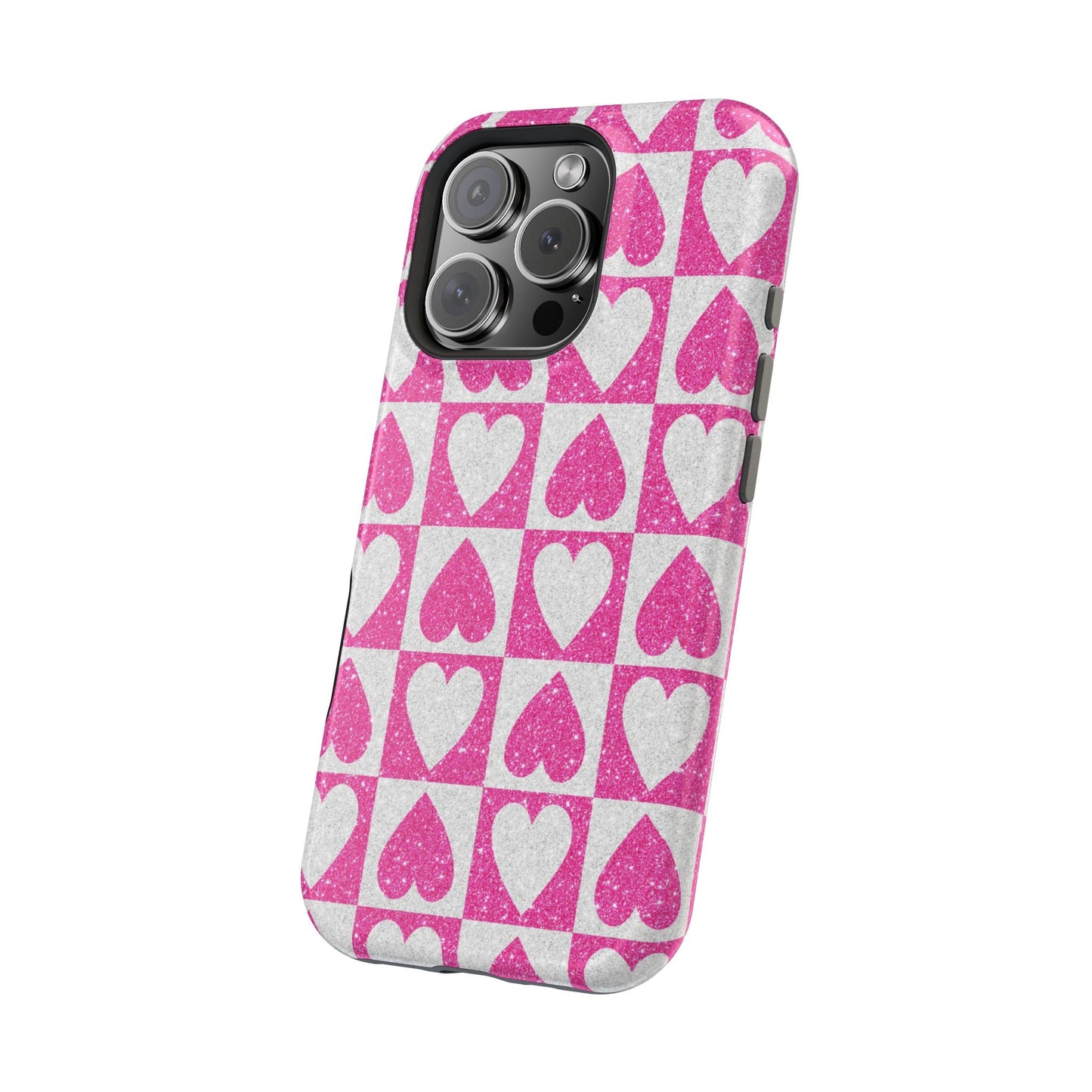 Pink Glitter Heart Checkered Pattern MagSafe Case - BOGO Cases
