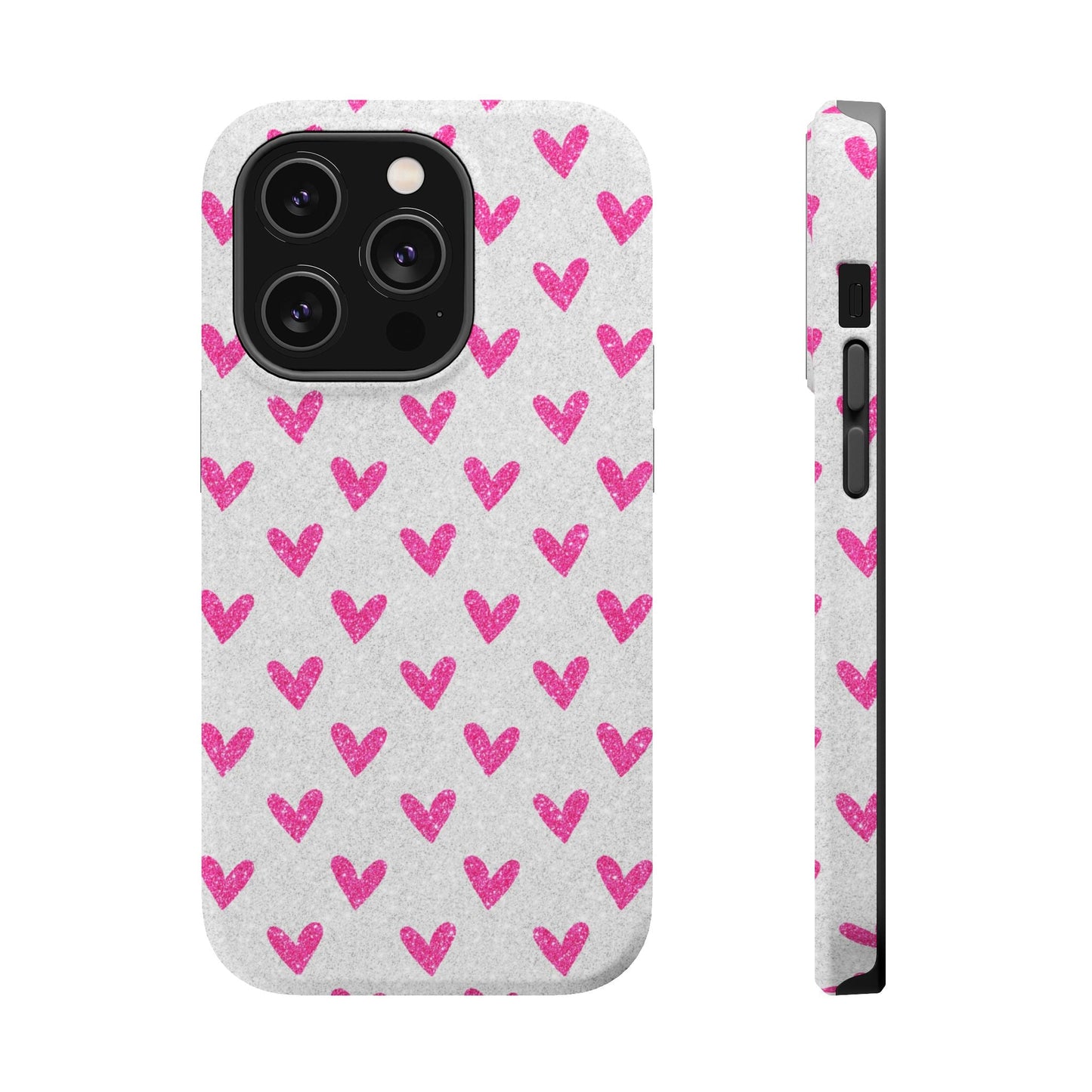 Pink Hearts on Glitter Silver – MagSafe iPhone Case - BOGO Cases