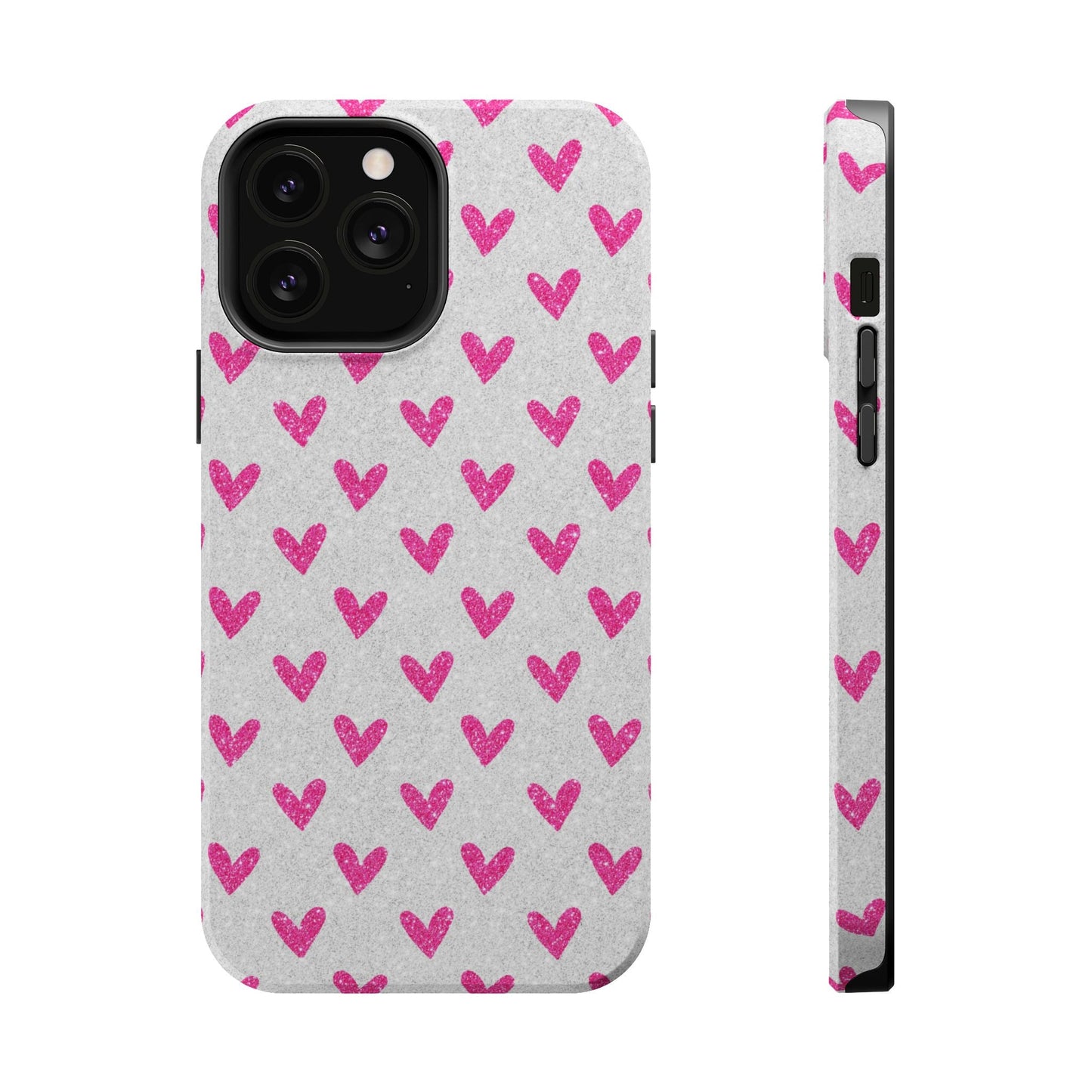 Pink Hearts on Glitter Silver – MagSafe iPhone Case - BOGO Cases