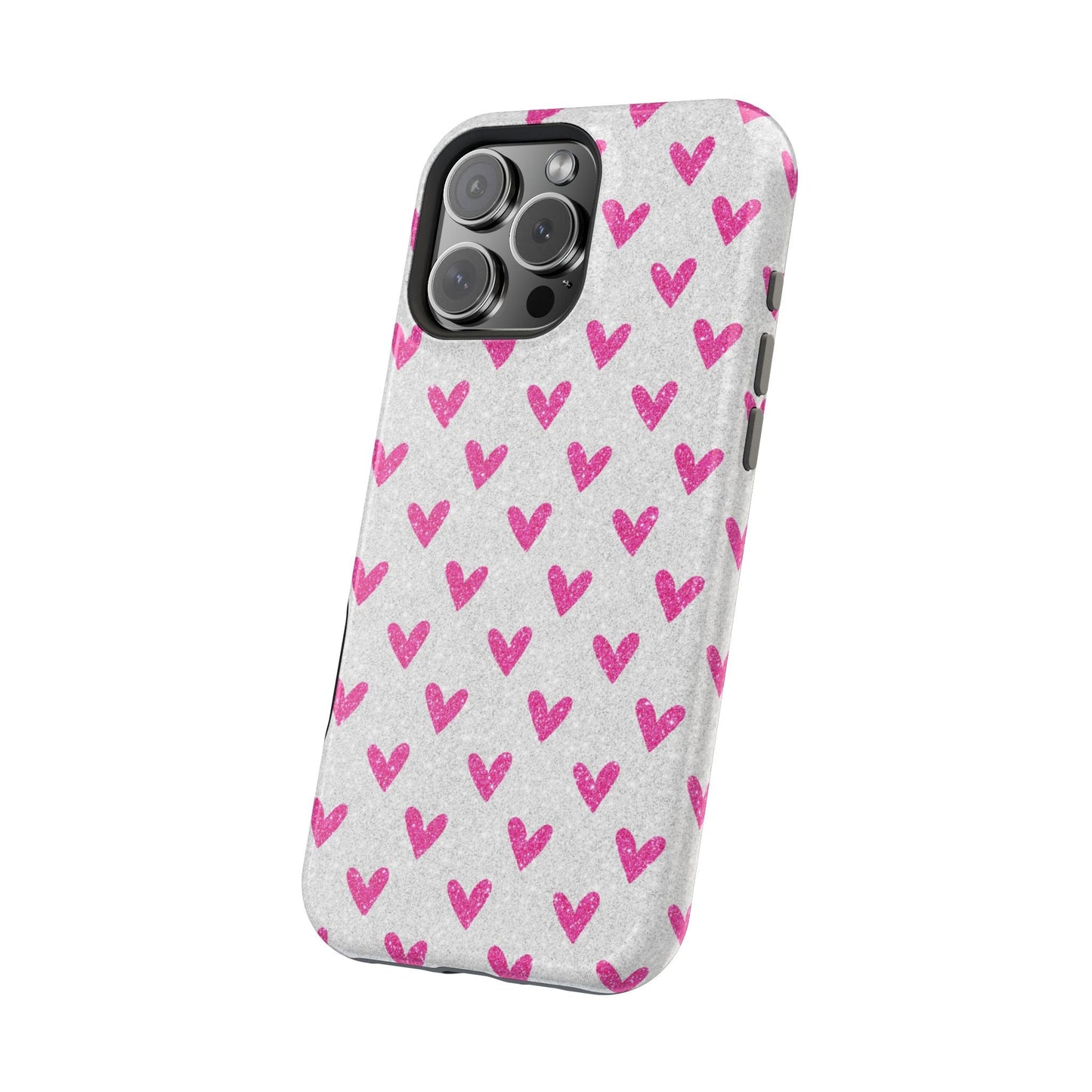 Pink Hearts on Glitter Silver – MagSafe iPhone Case - BOGO Cases