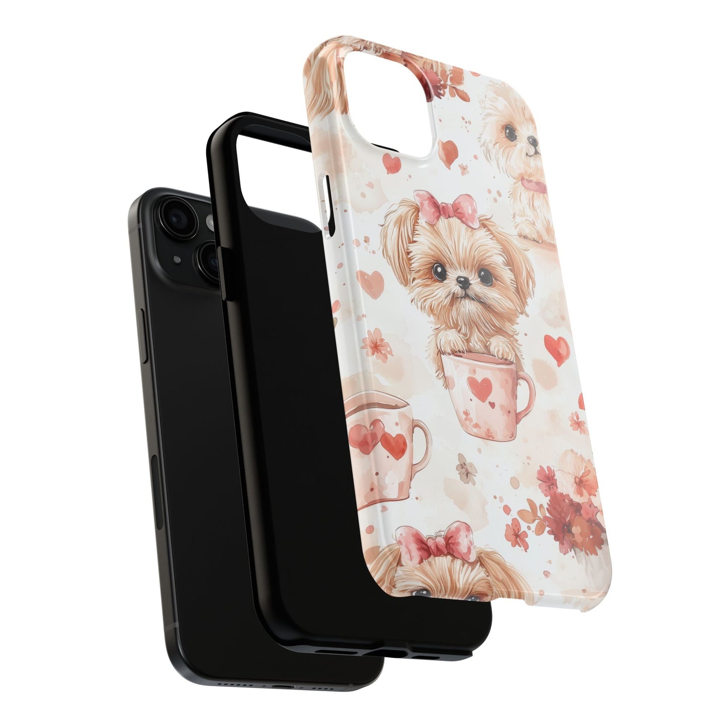 Puppies & Heart Mugs iPhone Case – Sweet Dog & Floral Design, Shockproof & Slim - BOGO Cases