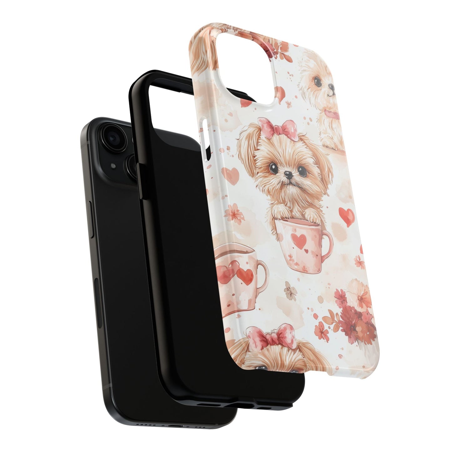Puppies & Heart Mugs iPhone Case – Sweet Dog & Floral Design, Shockproof & Slim - BOGO Cases