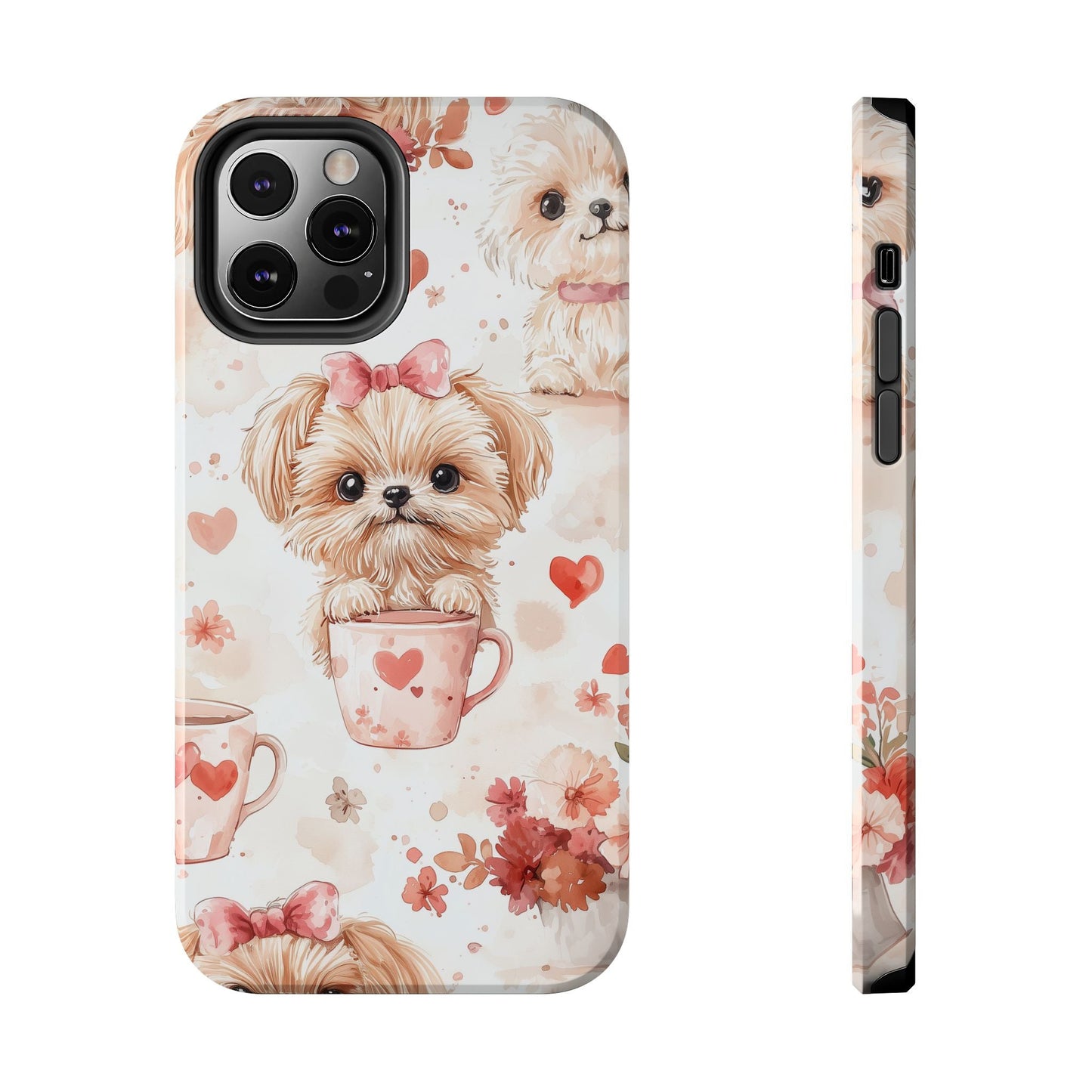 Puppies & Heart Mugs iPhone Case – Sweet Dog & Floral Design, Shockproof & Slim - BOGO Cases