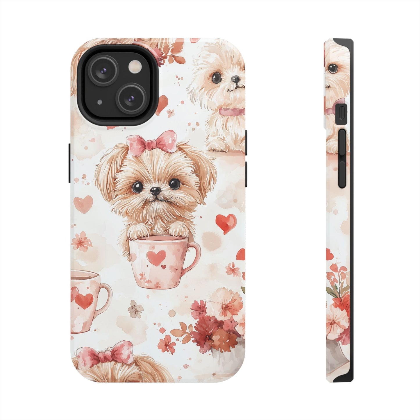 Puppies & Heart Mugs iPhone Case – Sweet Dog & Floral Design, Shockproof & Slim - BOGO Cases
