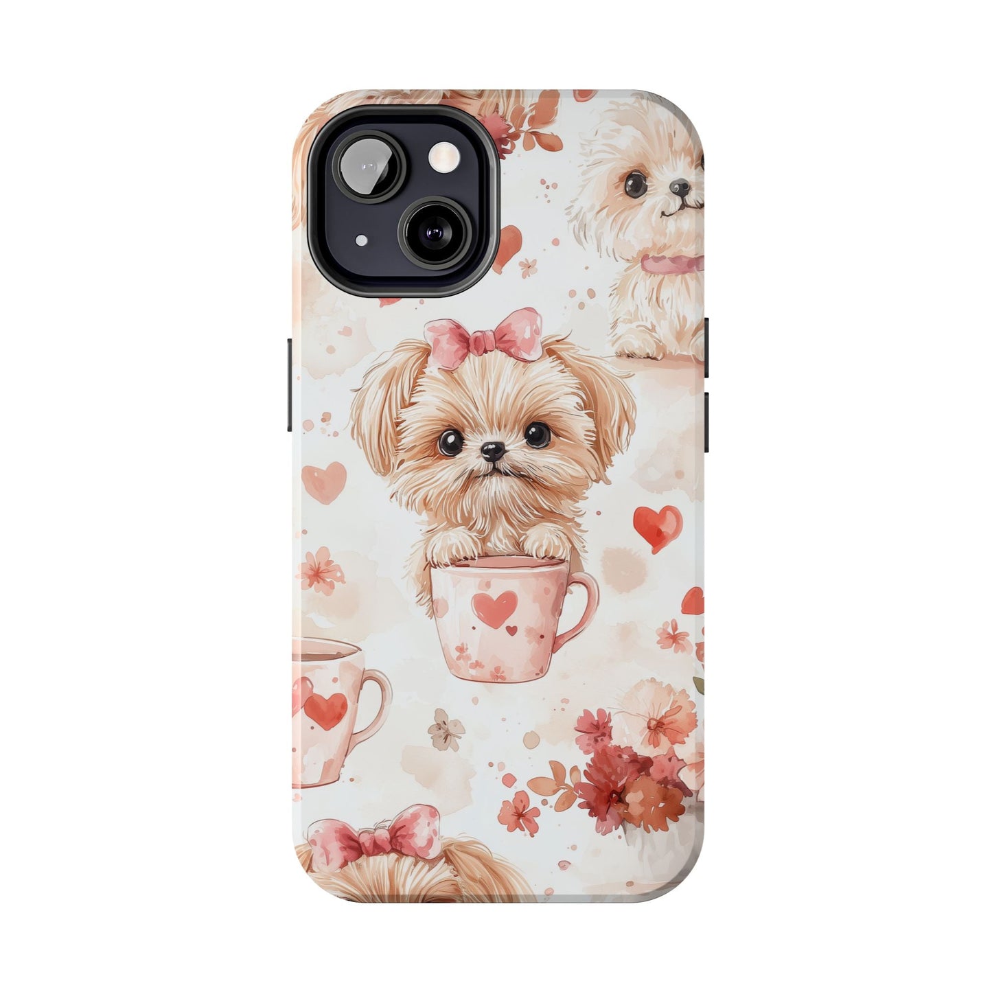 Puppies & Heart Mugs iPhone Case – Sweet Dog & Floral Design, Shockproof & Slim - BOGO Cases