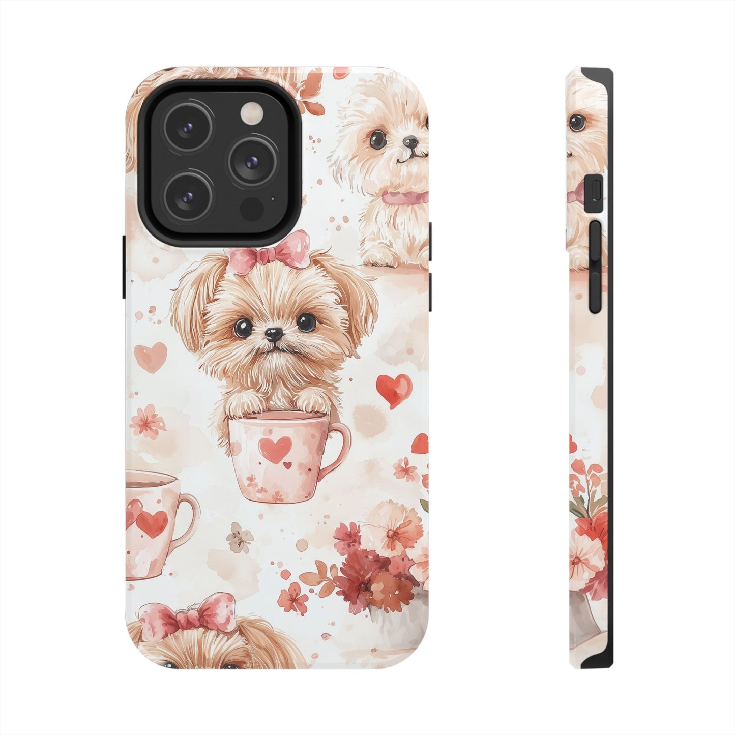 Puppies & Heart Mugs iPhone Case – Sweet Dog & Floral Design, Shockproof & Slim - BOGO Cases