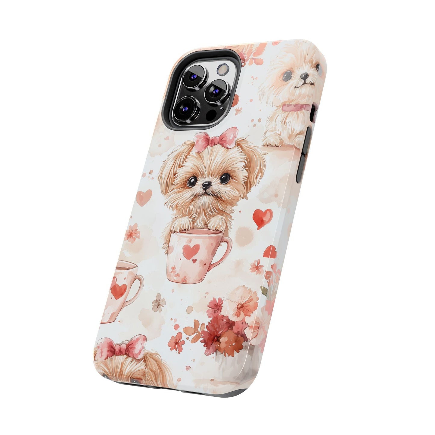 Puppies & Heart Mugs iPhone Case – Sweet Dog & Floral Design, Shockproof & Slim - BOGO Cases