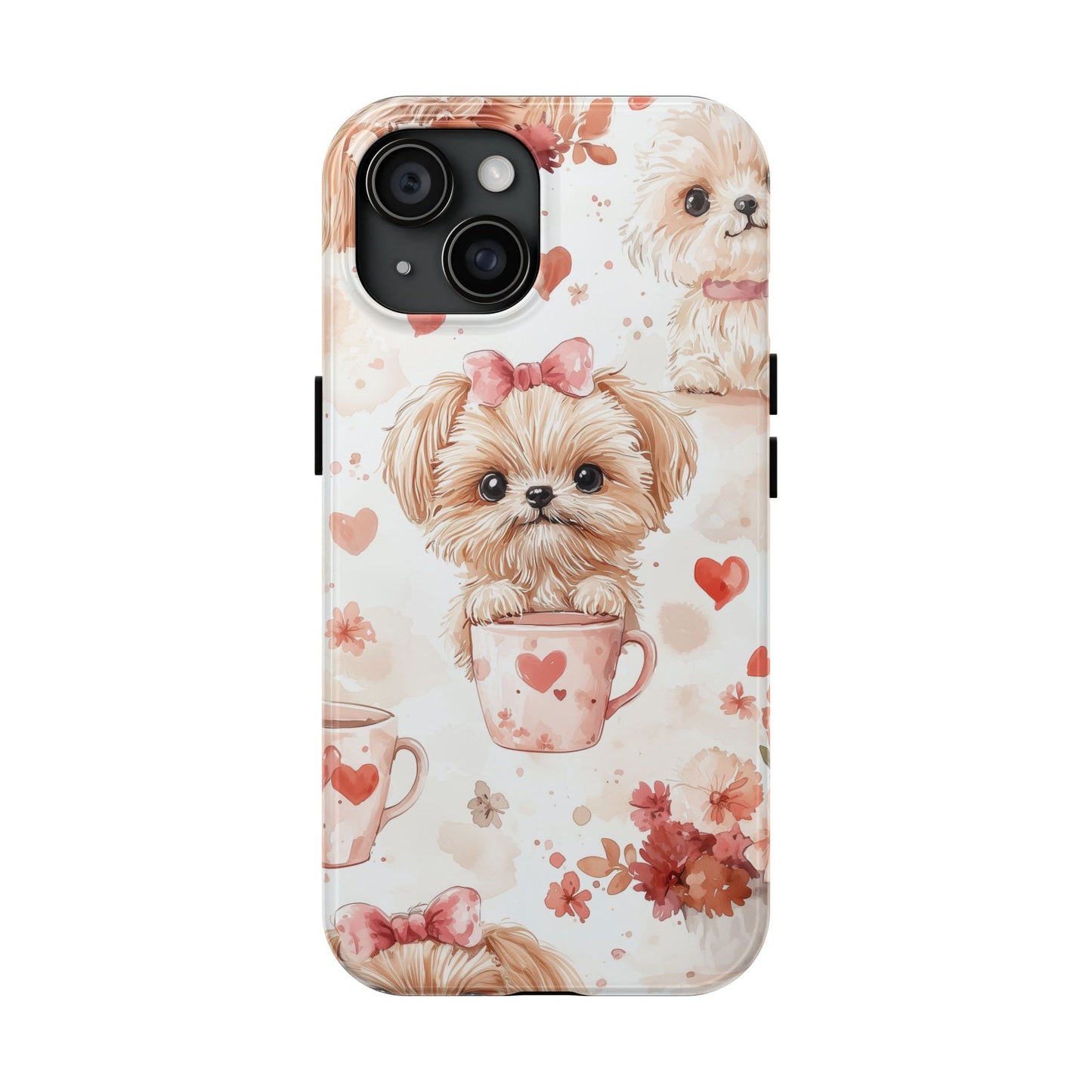 Puppies & Heart Mugs iPhone Case – Sweet Dog & Floral Design, Shockproof & Slim - BOGO Cases