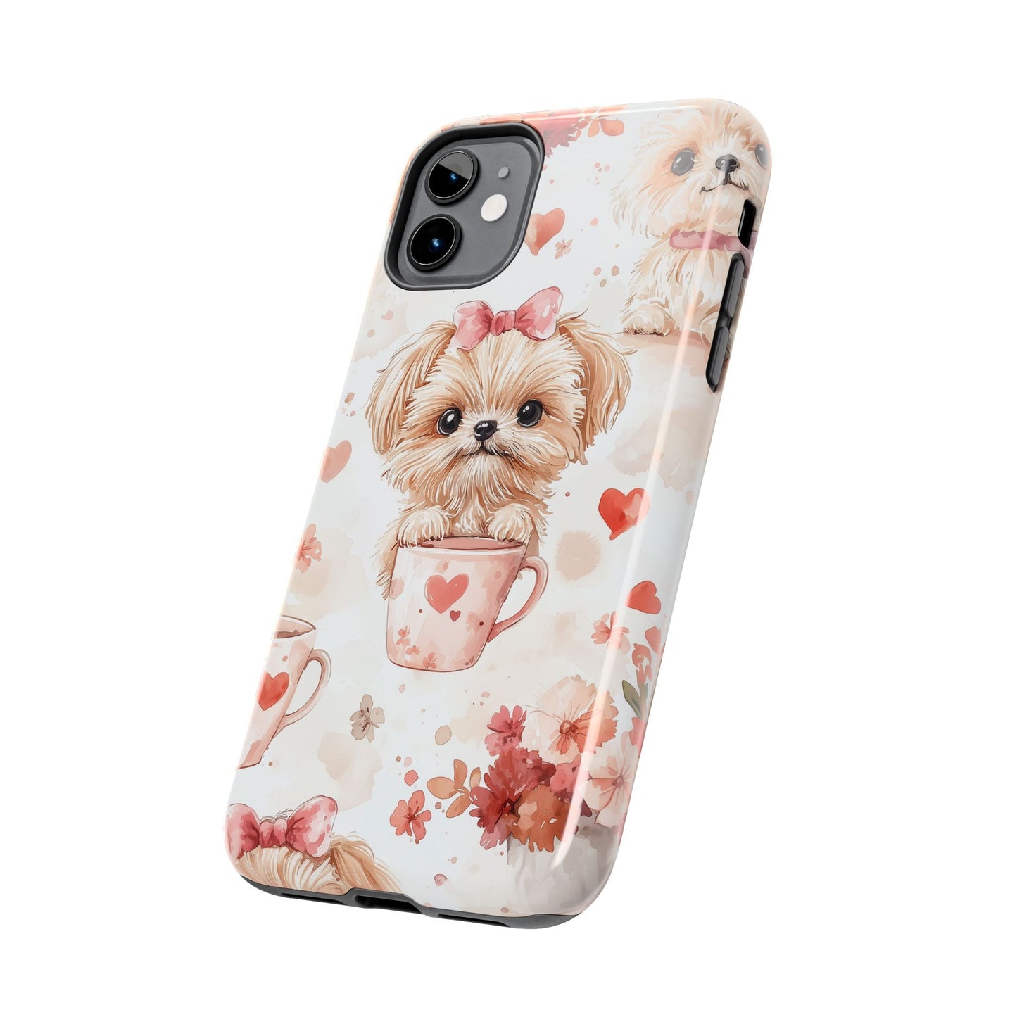 Puppies & Heart Mugs iPhone Case – Sweet Dog & Floral Design, Shockproof & Slim - BOGO Cases