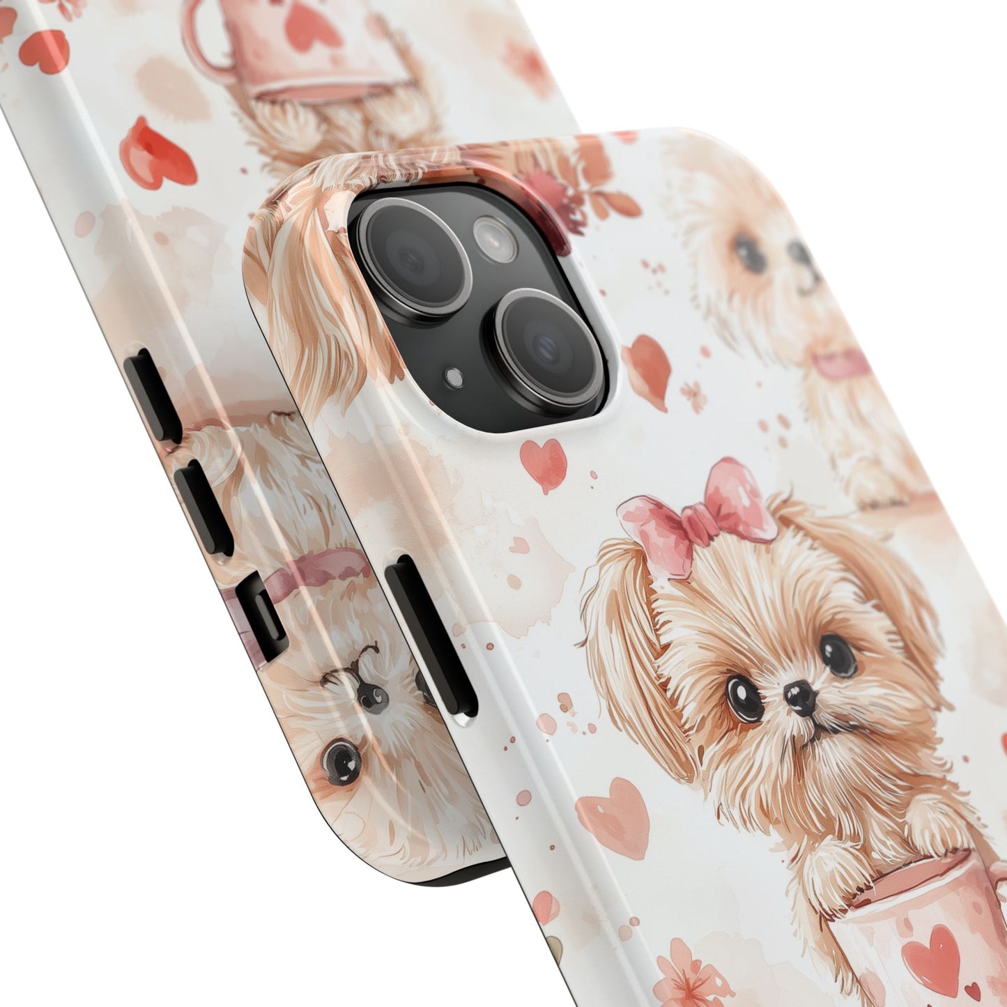 Puppies & Heart Mugs iPhone Case – Sweet Dog & Floral Design, Shockproof & Slim - BOGO Cases