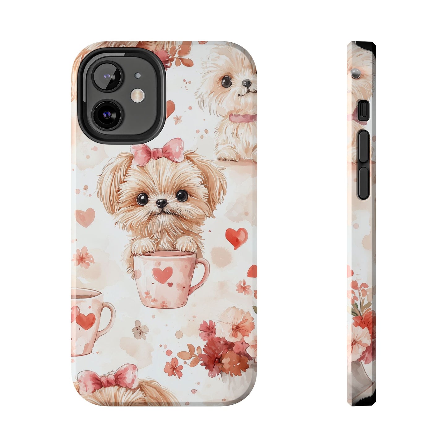 Puppies & Heart Mugs iPhone Case – Sweet Dog & Floral Design, Shockproof & Slim - BOGO Cases