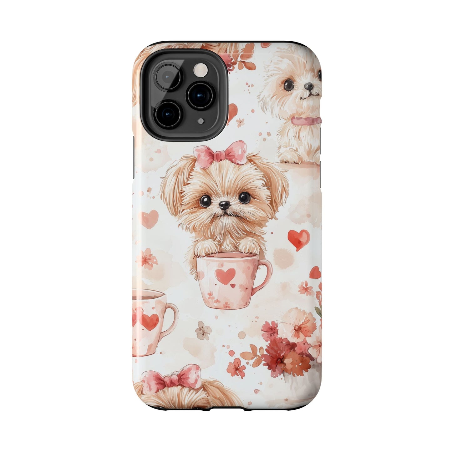 Puppies & Heart Mugs iPhone Case – Sweet Dog & Floral Design, Shockproof & Slim - BOGO Cases