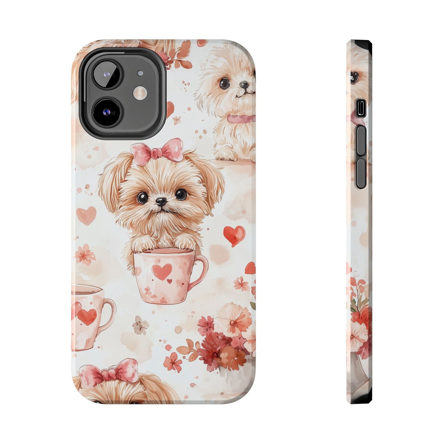 Puppies & Heart Mugs iPhone Case – Sweet Dog & Floral Design, Shockproof & Slim - BOGO Cases
