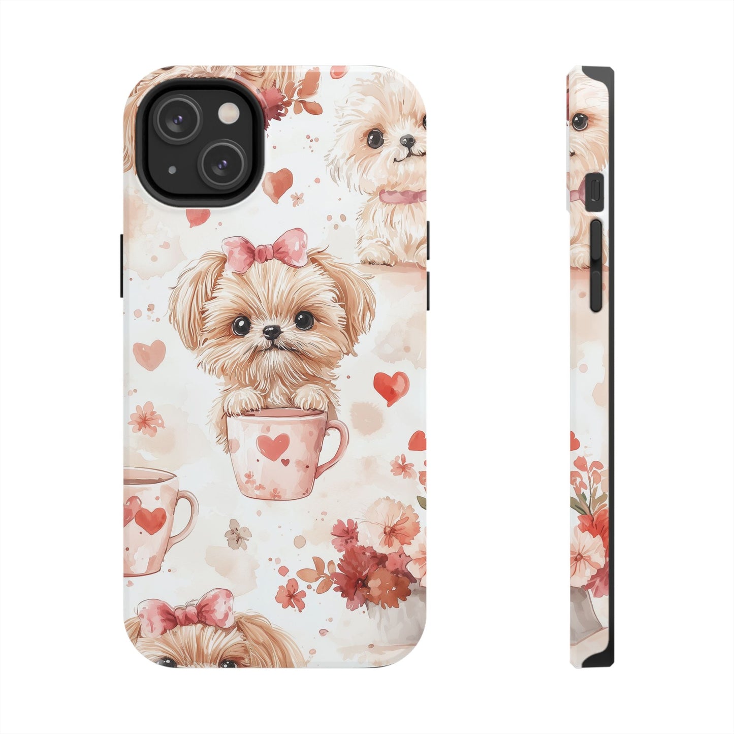 Puppies & Heart Mugs iPhone Case – Sweet Dog & Floral Design, Shockproof & Slim - BOGO Cases
