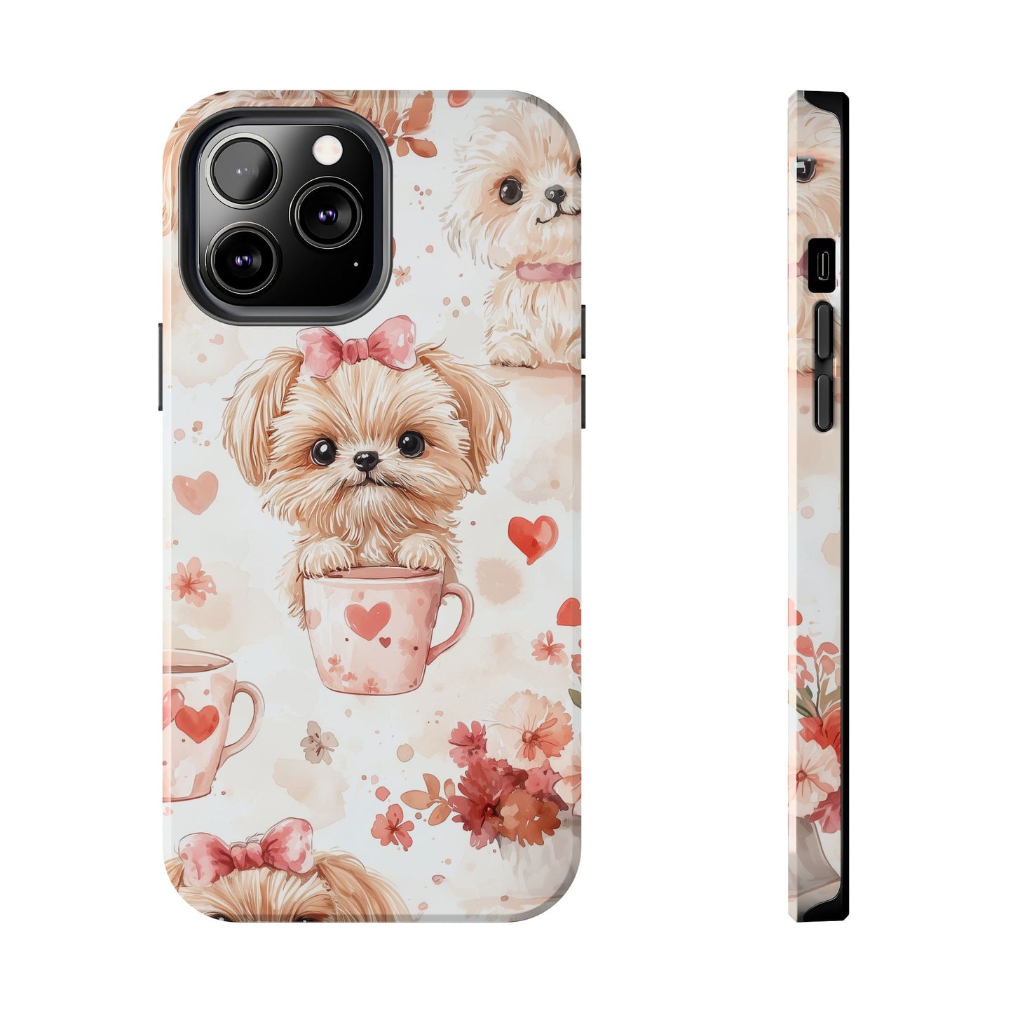 Puppies & Heart Mugs iPhone Case – Sweet Dog & Floral Design, Shockproof & Slim - BOGO Cases