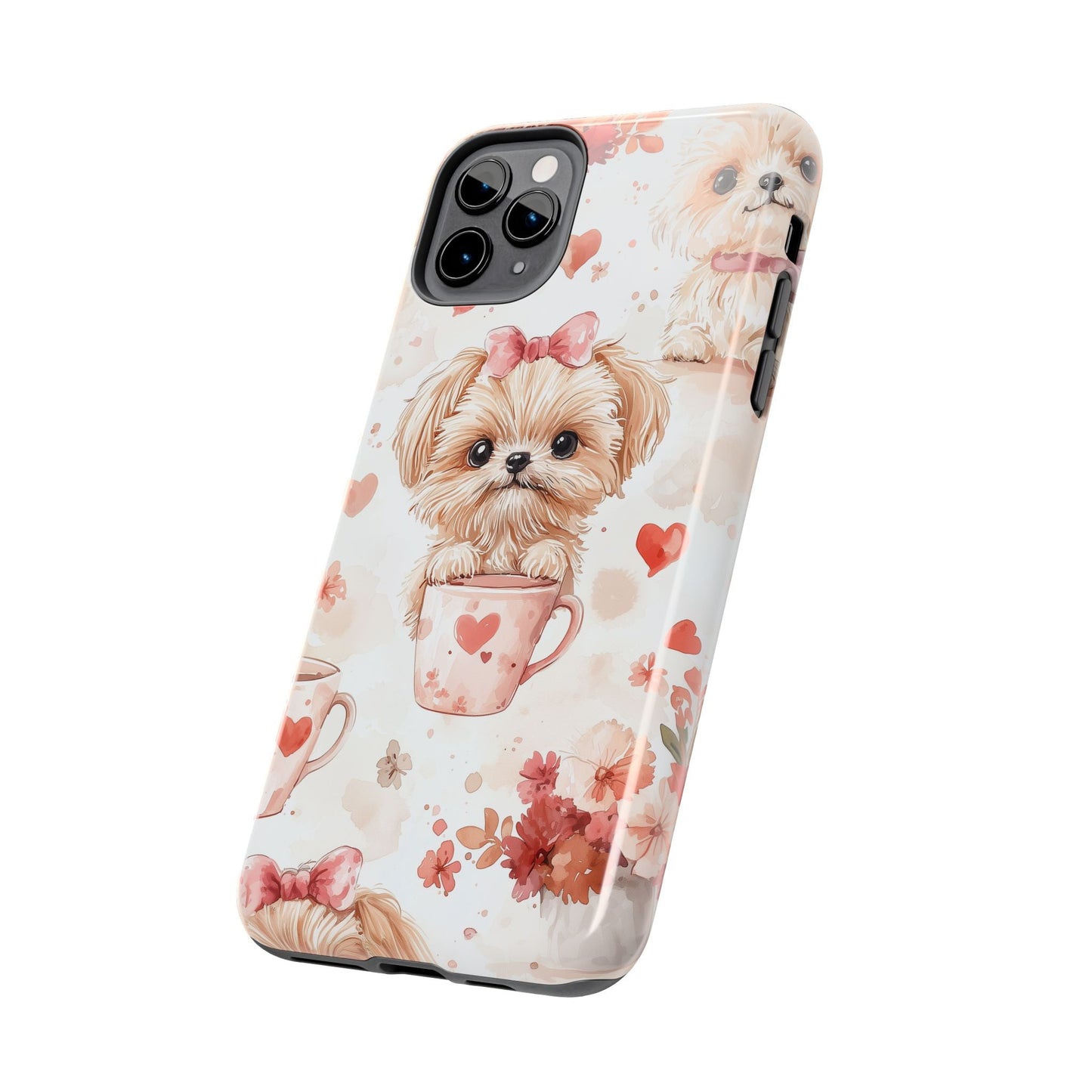 Puppies & Heart Mugs iPhone Case – Sweet Dog & Floral Design, Shockproof & Slim - BOGO Cases