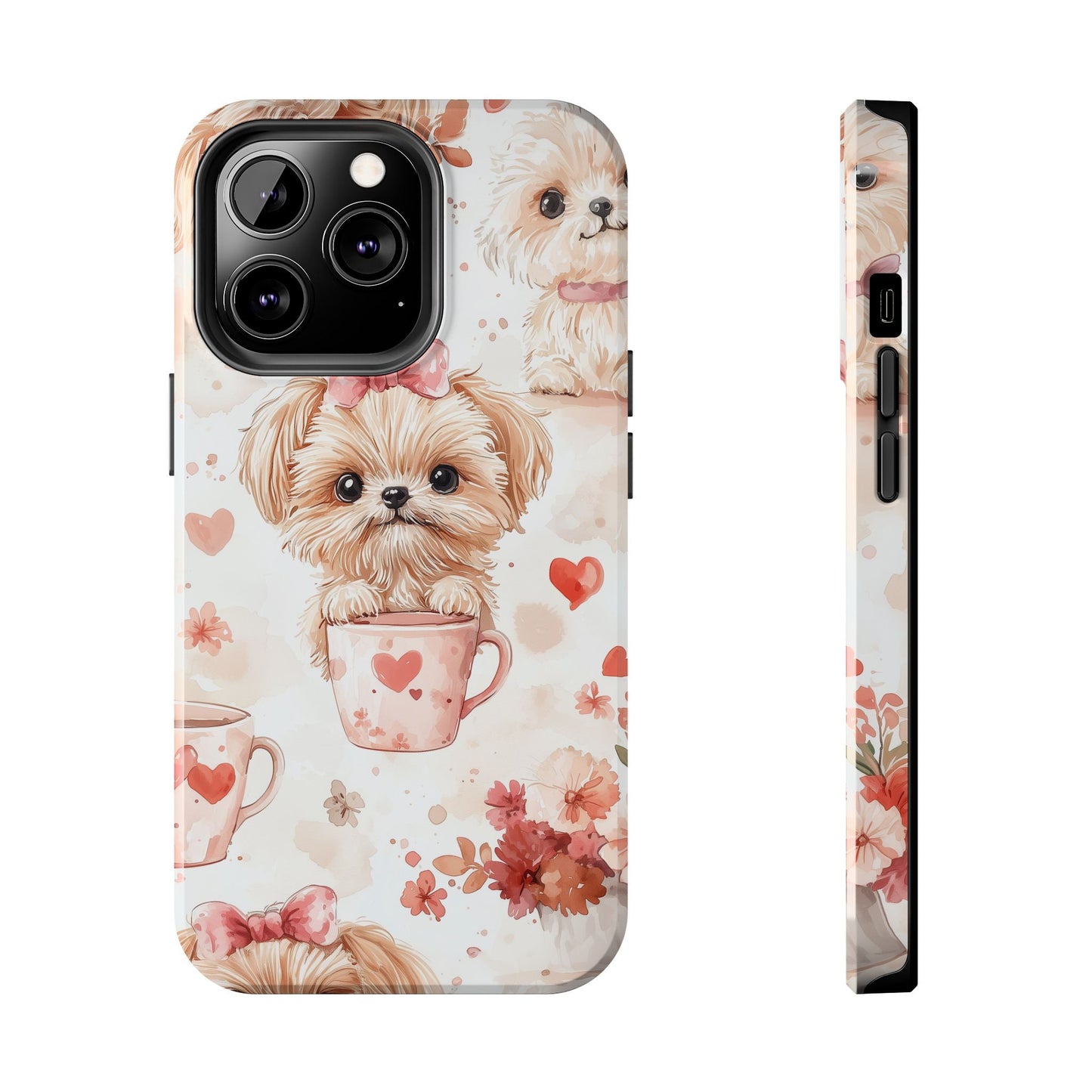 Puppies & Heart Mugs iPhone Case – Sweet Dog & Floral Design, Shockproof & Slim - BOGO Cases