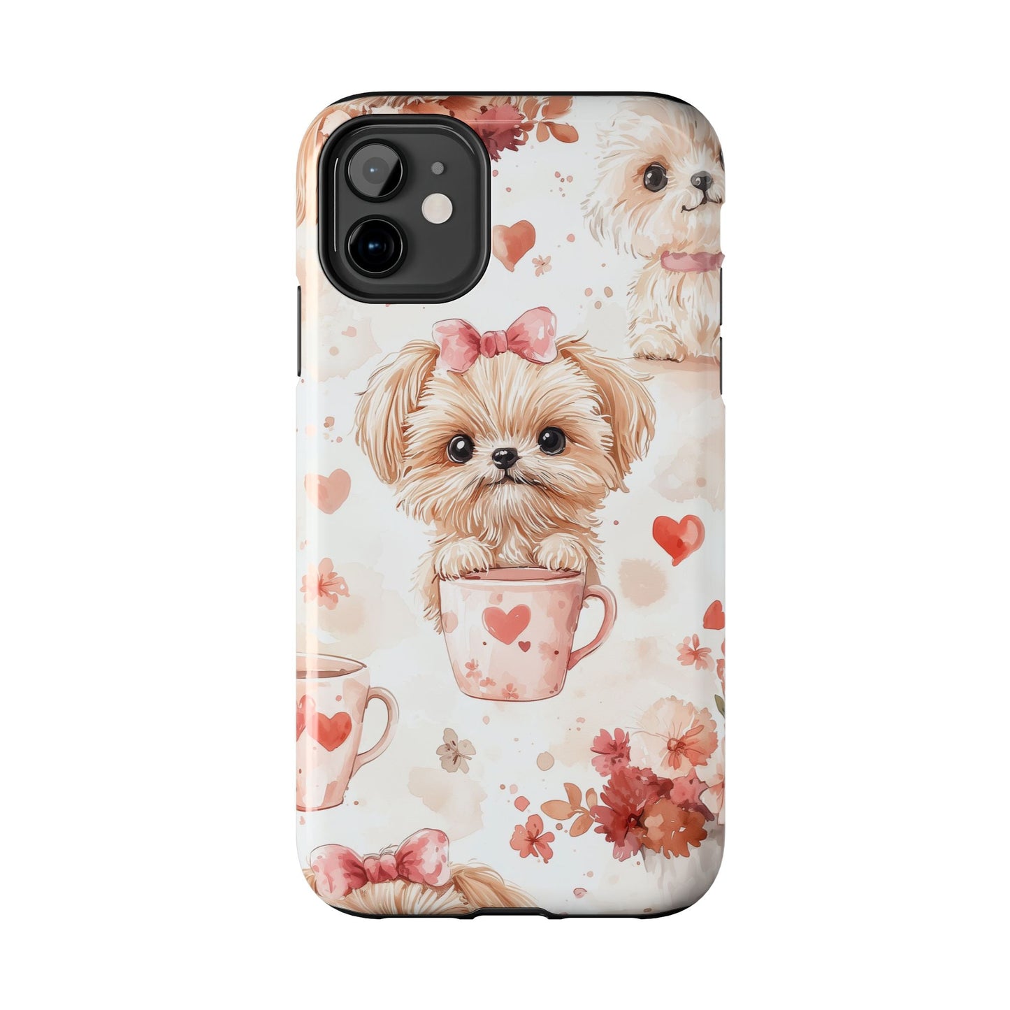 Puppies & Heart Mugs iPhone Case – Sweet Dog & Floral Design, Shockproof & Slim - BOGO Cases